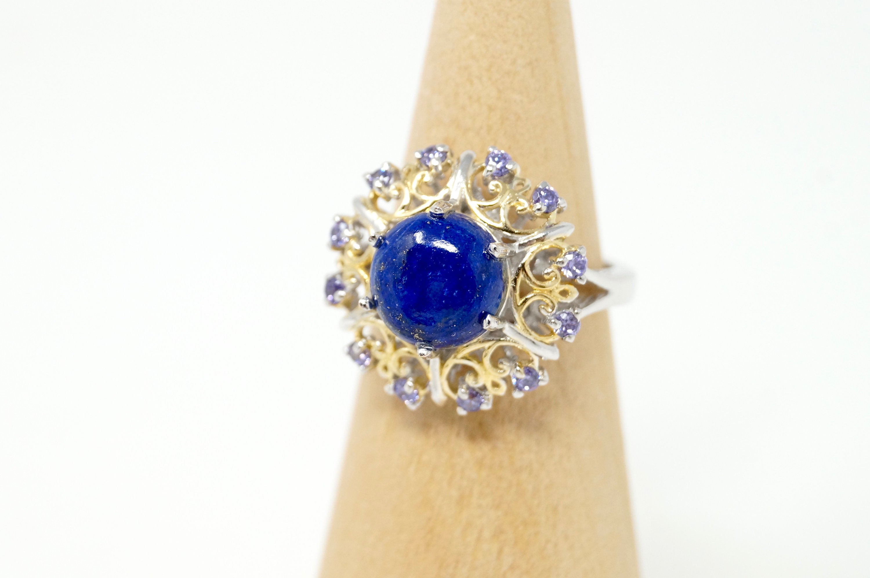 Vintage Karis Blue Lapis Lazuli Amethyst Gold Wash Deco Sterling Silver Ring Sz8