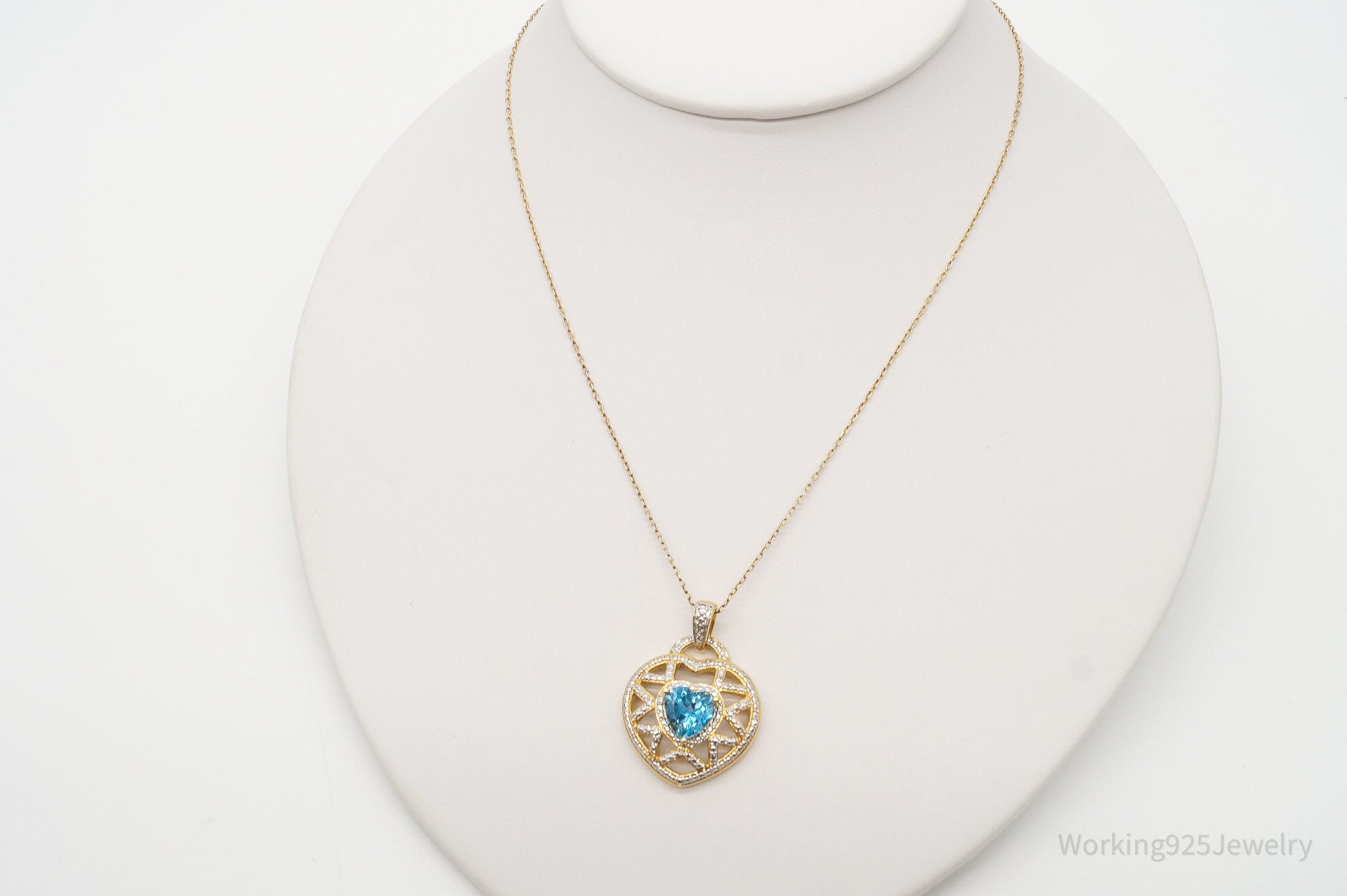 Vintage Blue Topaz Gold Vermeil Sterling Silver Heart Necklace