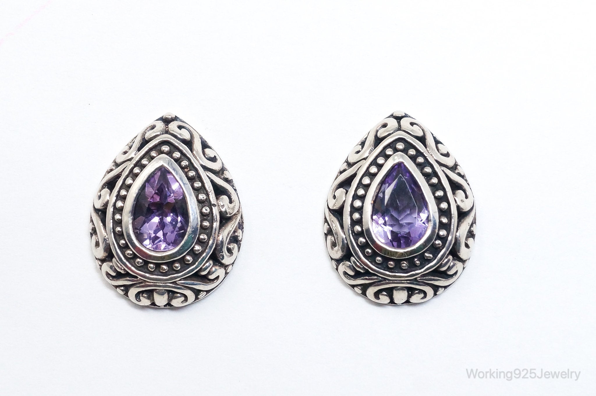 Vintage Designer Amethyst Scroll Sterling Silver Earrings