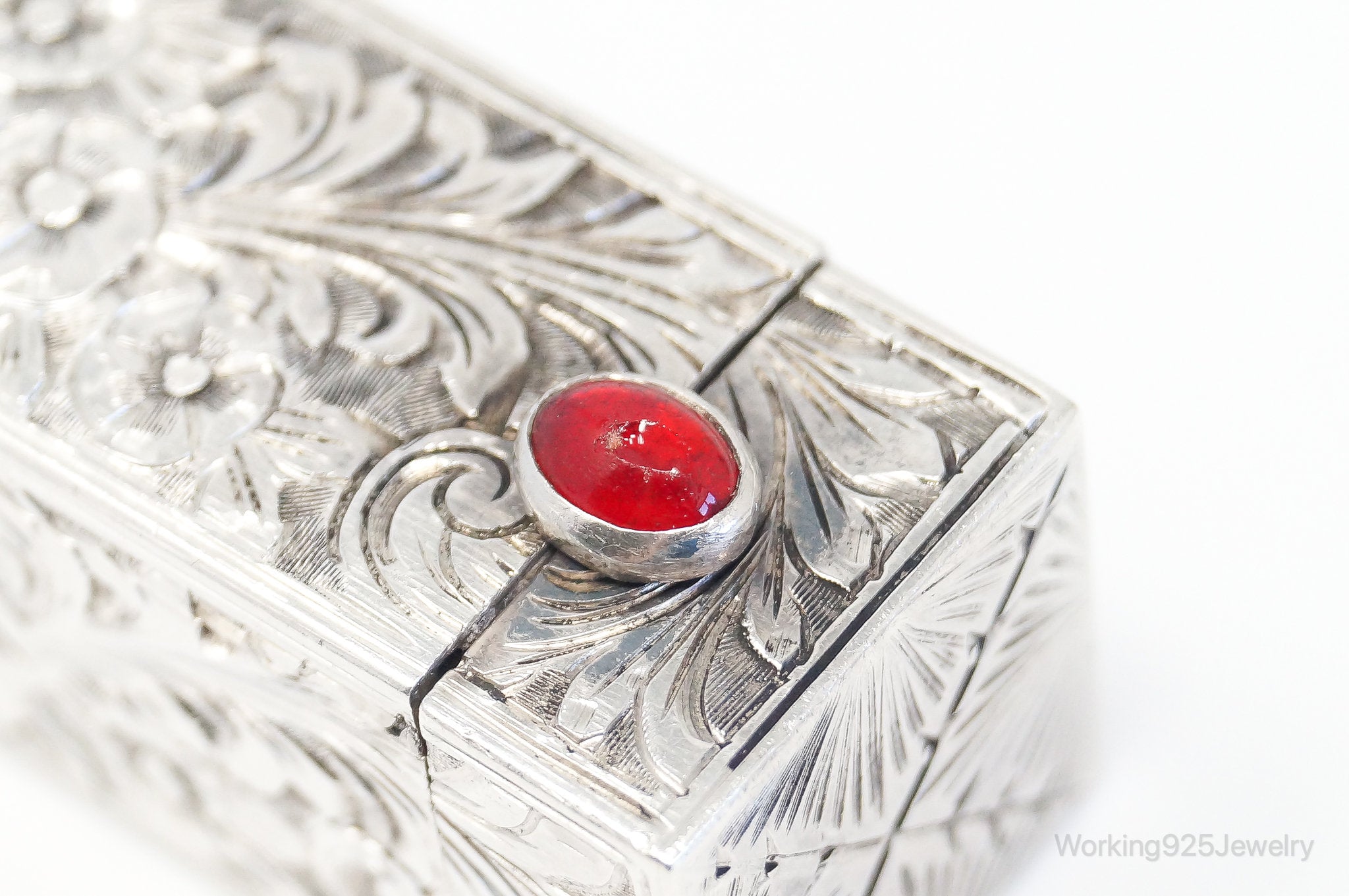 RARE Italian Antique Carnelian Floral Sterling Silver Lipstick Case & Mirror