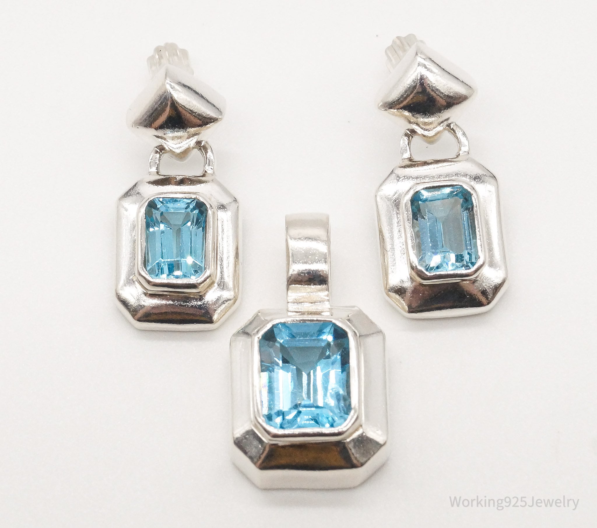 Vintage Blue Topaz Sterling Silver Pendant Earring Set