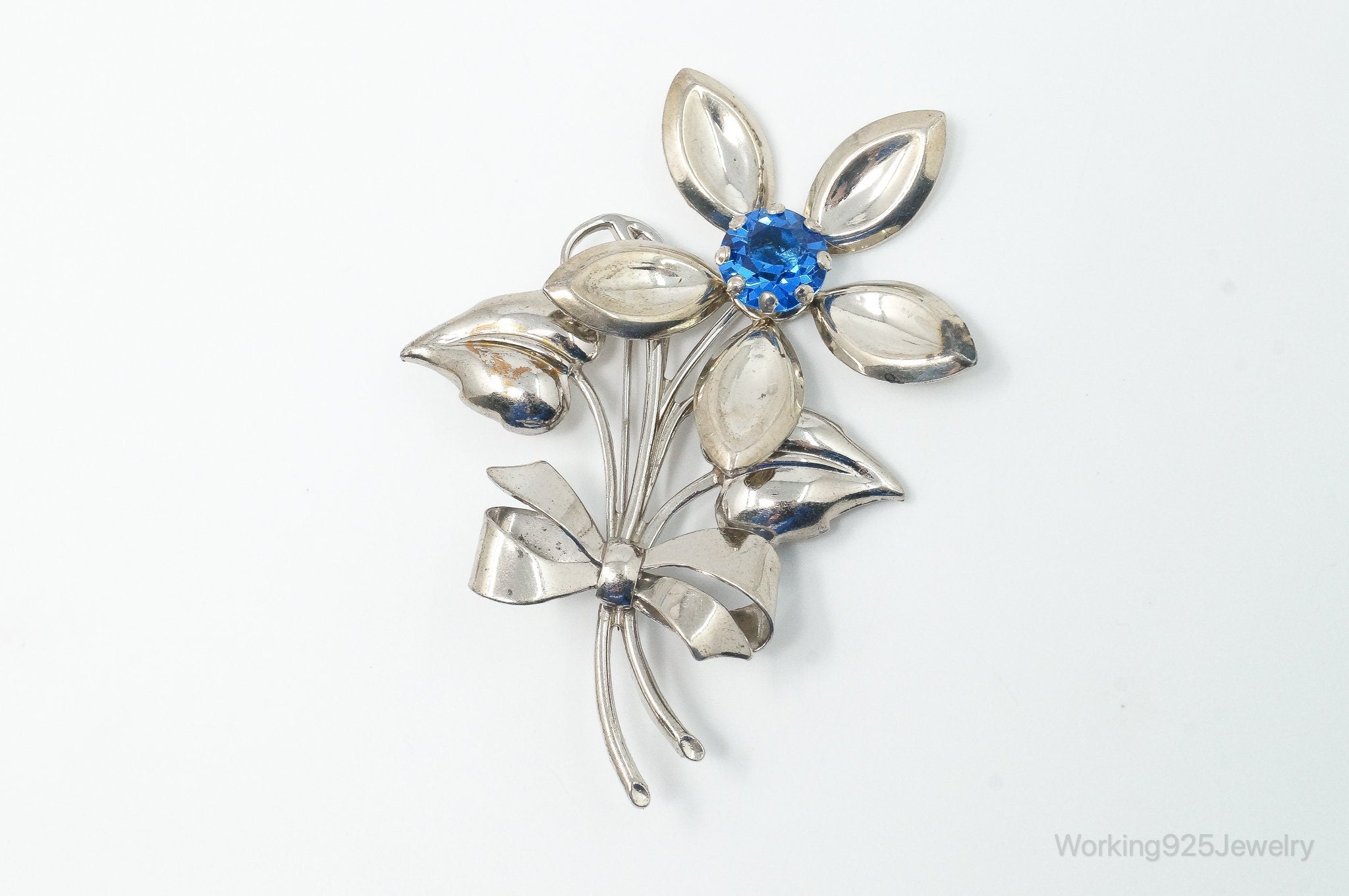 Antique Large Blue Art Glass Flower Sterling Silver Brooch Pin