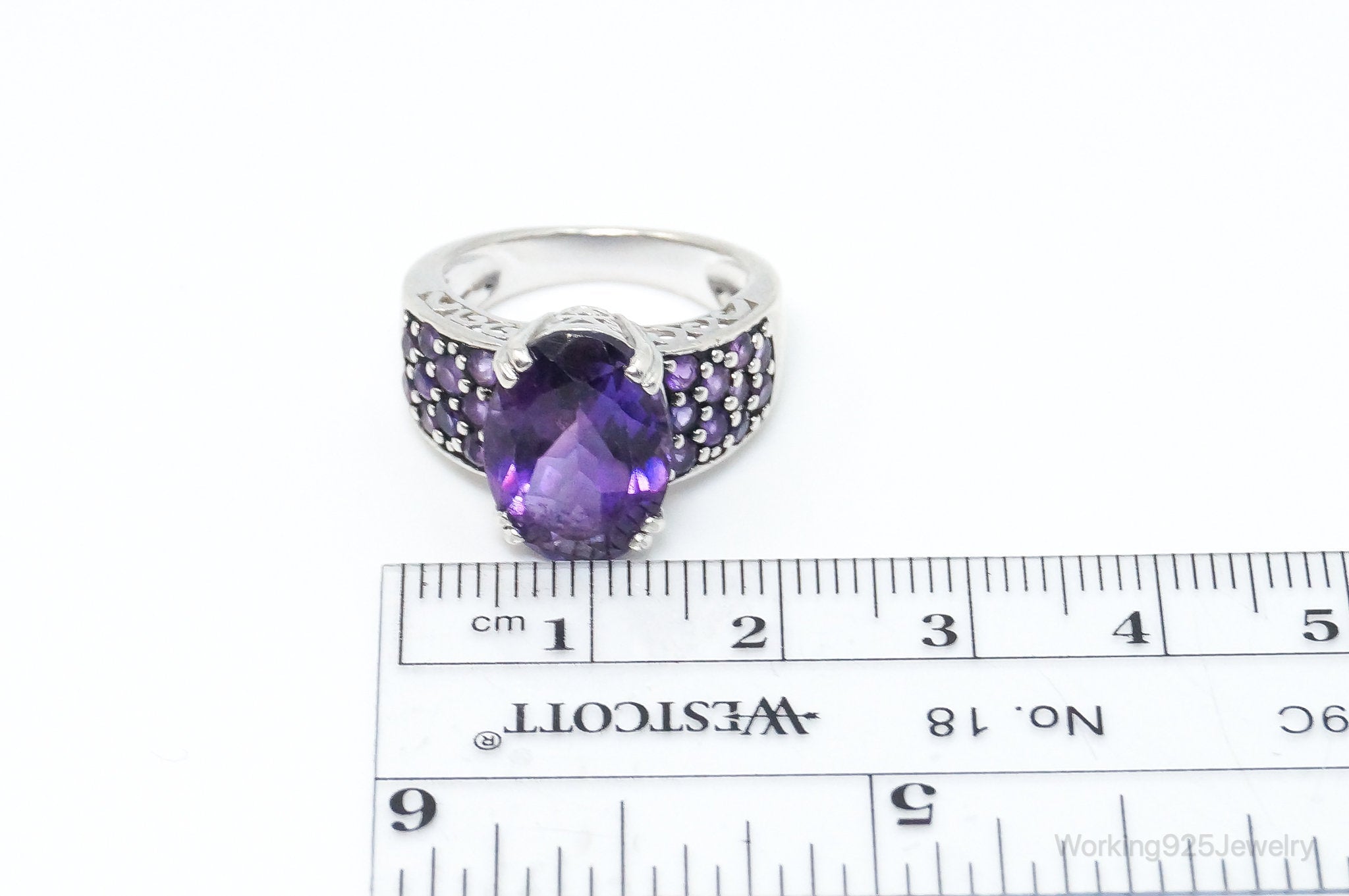 Vintage Art Deco Large Amethyst Sterling Silver Ring - Size 6