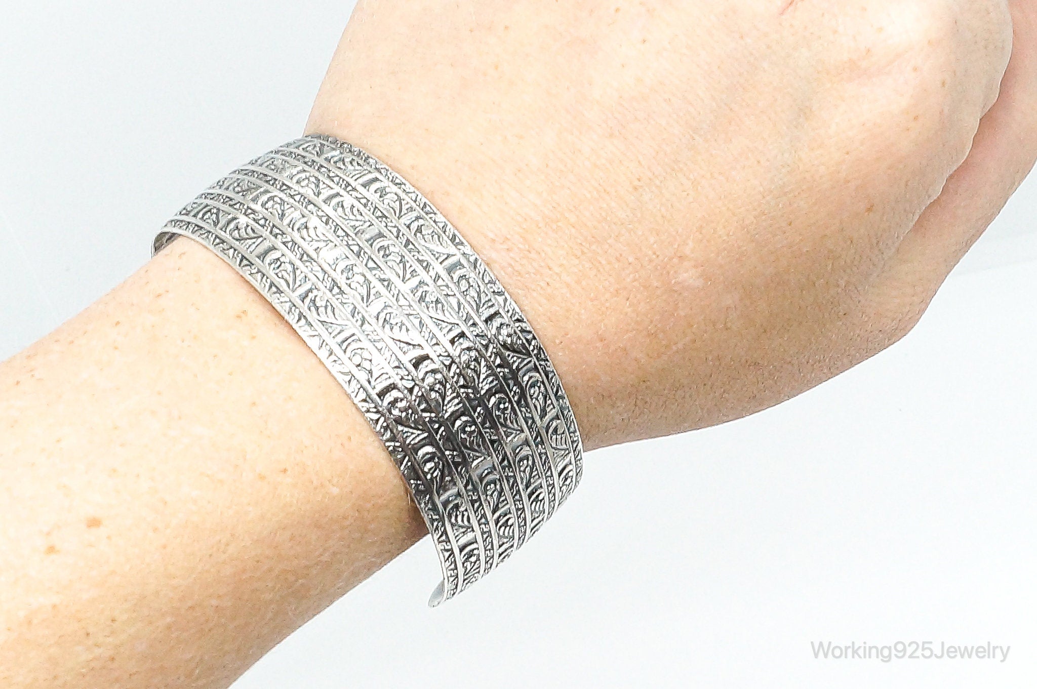 Antique Art Deco Etched Sterling Silver Cuff Bracelet