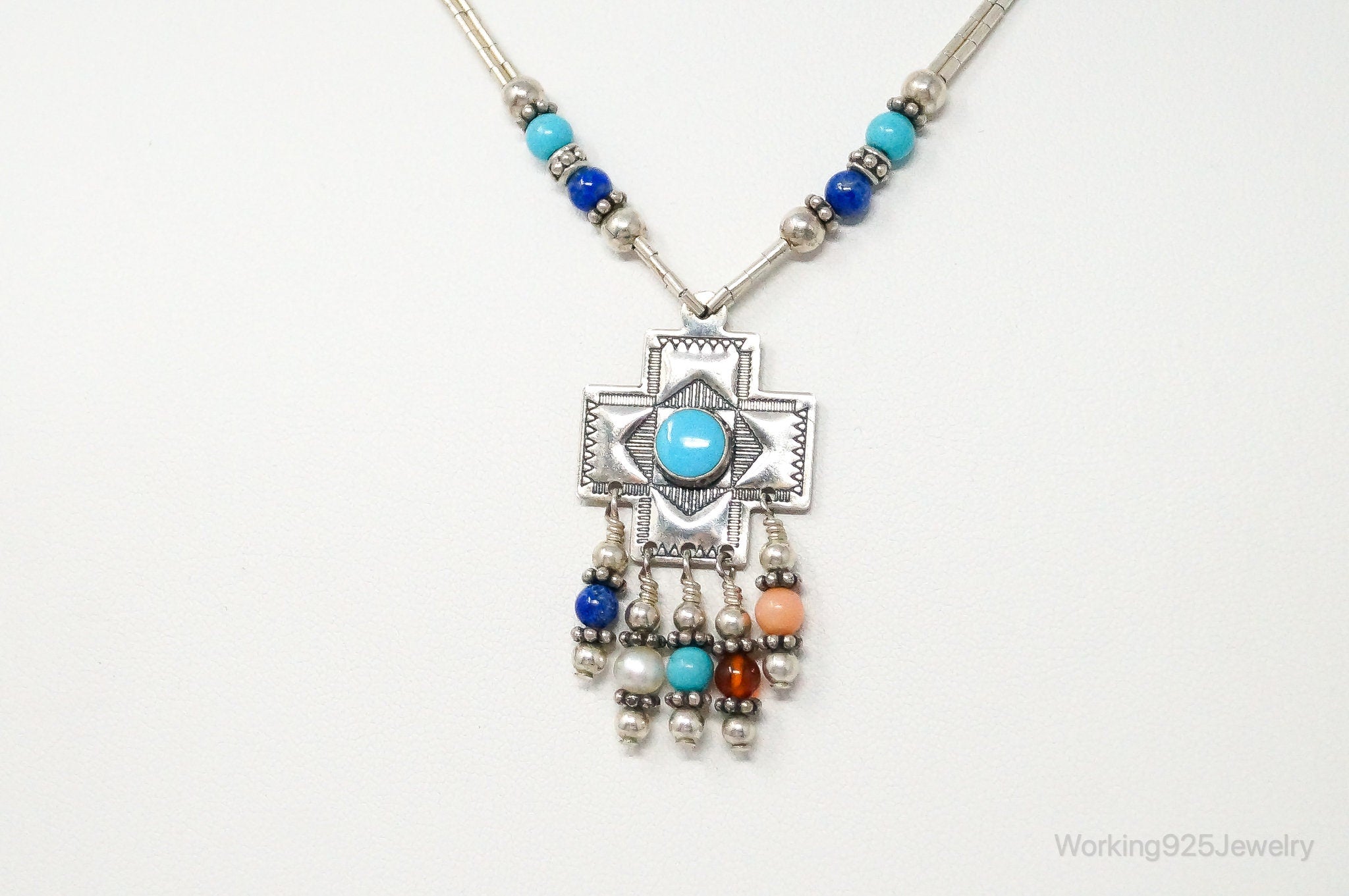 QT Turquoise Pendant On Carolyn Pollack Bead Sterling Silver Chain Necklace