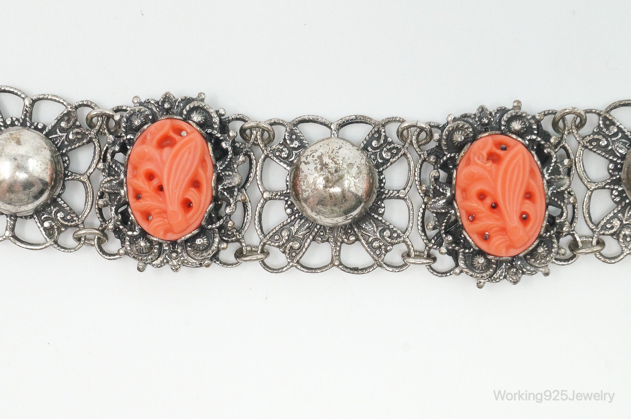 Antique Carved Coral Sterling Silver Bracelet