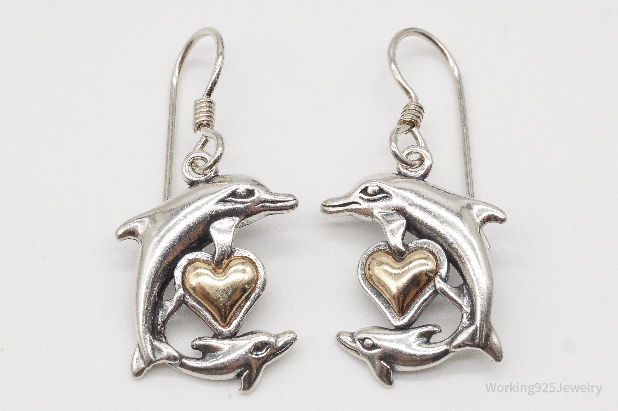 Vintage Designer Waldeck Johnson 14K Gold Heart Dolphin Sterling Silver Earrings