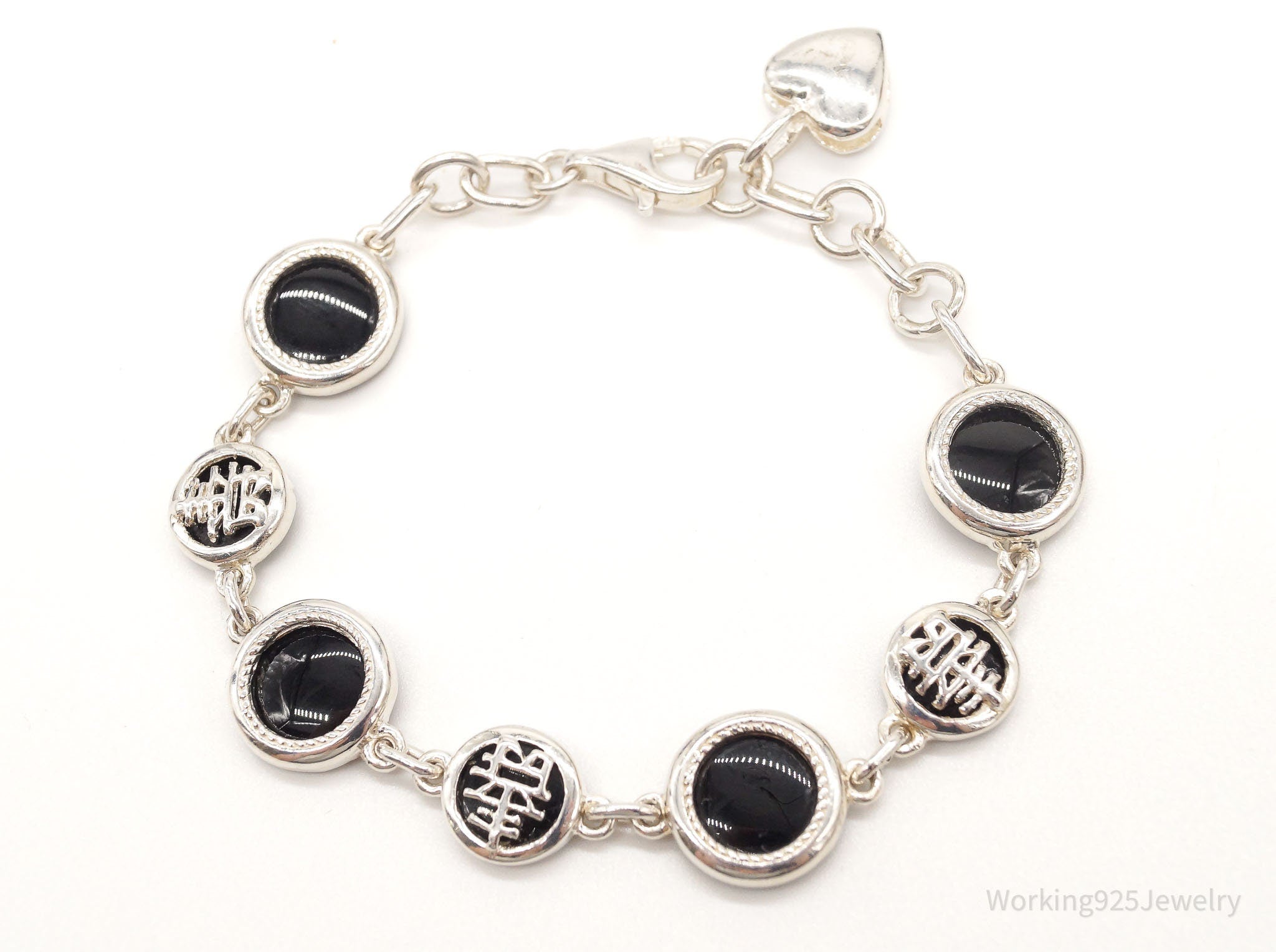 Vintage Black Onyx Good Fortune Sterling Silver Bracelet