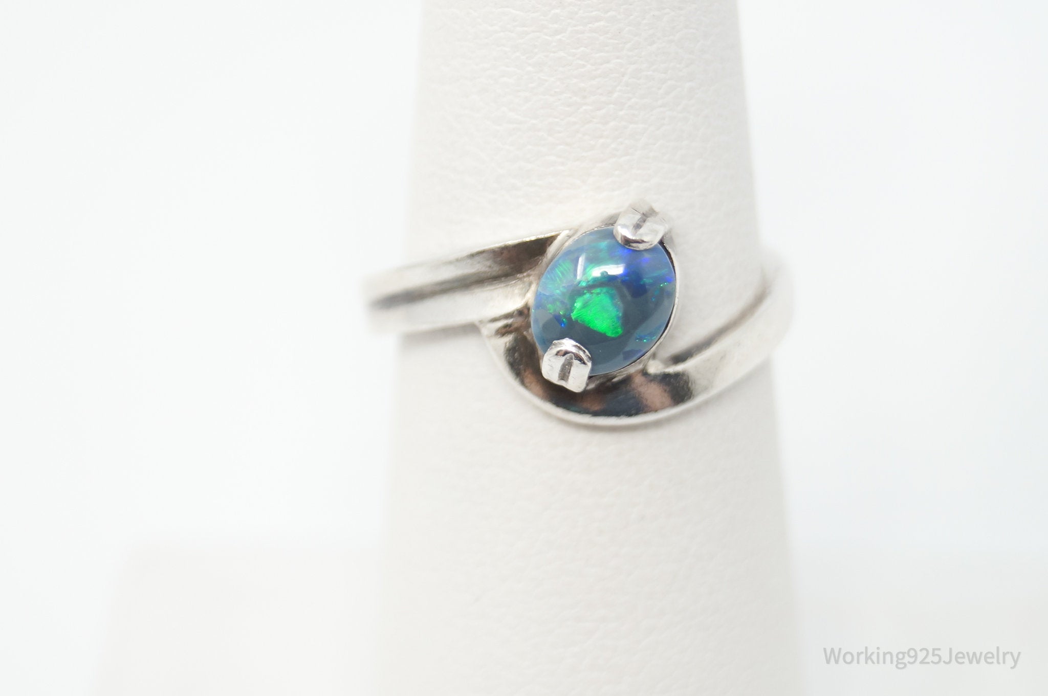 Vintage Blue Fire Opal Sterling Silver Ring - Size 5.75