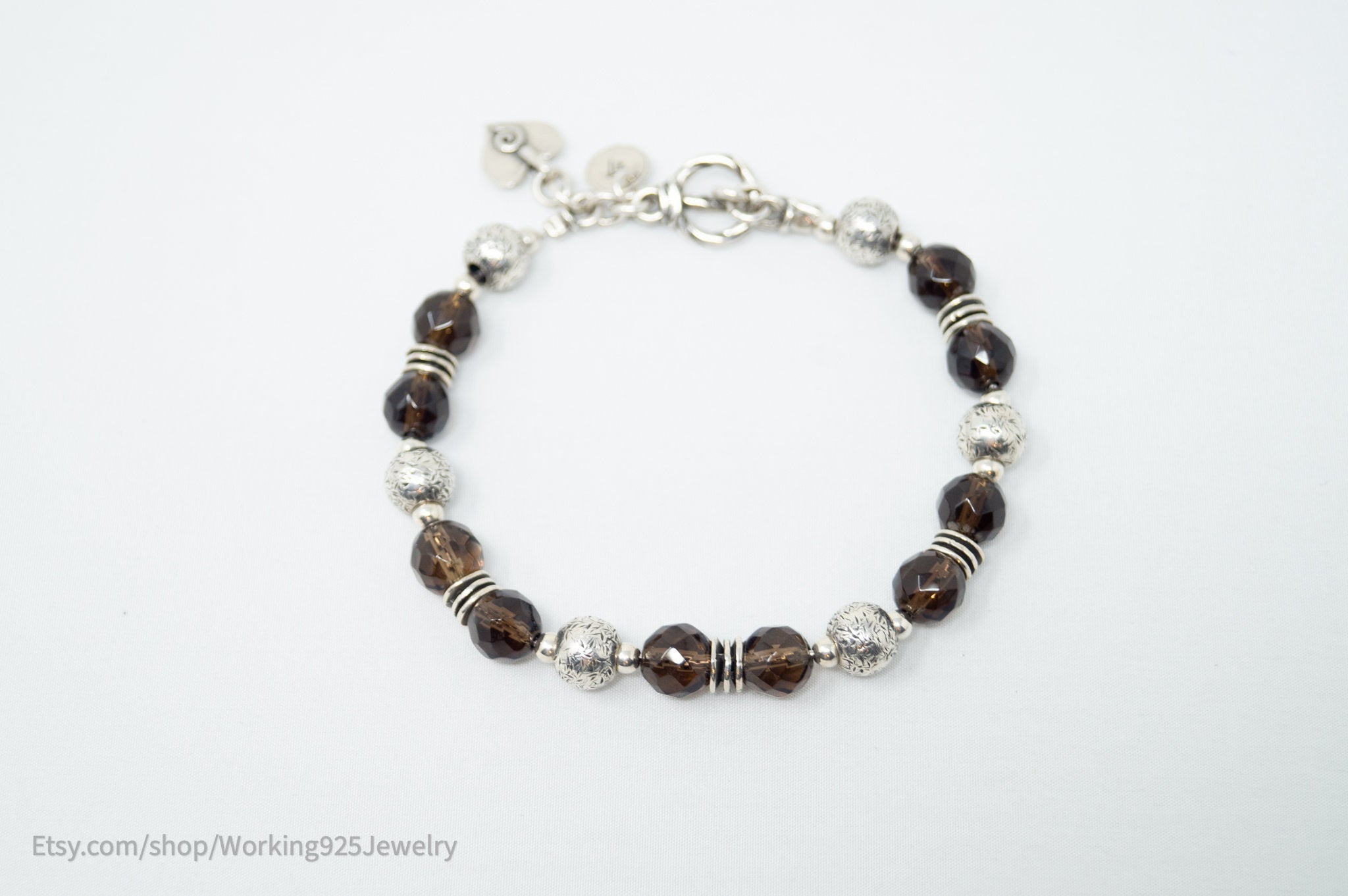 Vintage Designer Silpada Smoky Topaz Sterling Silver Bead Toggle Bracelet