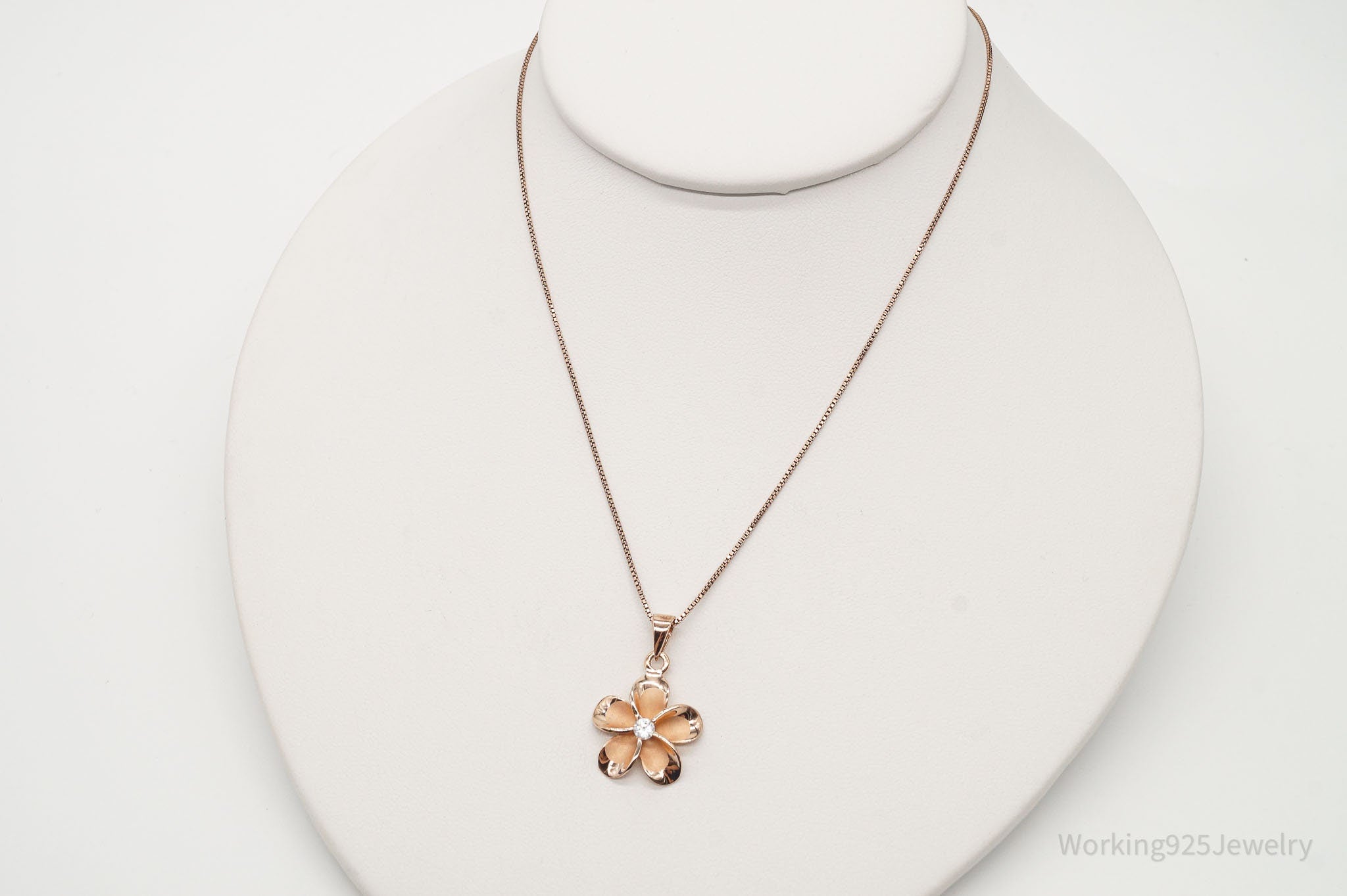 Vintage Cubic Zirconia Rose Gold Vermeil Sterling Silver Flower Necklace