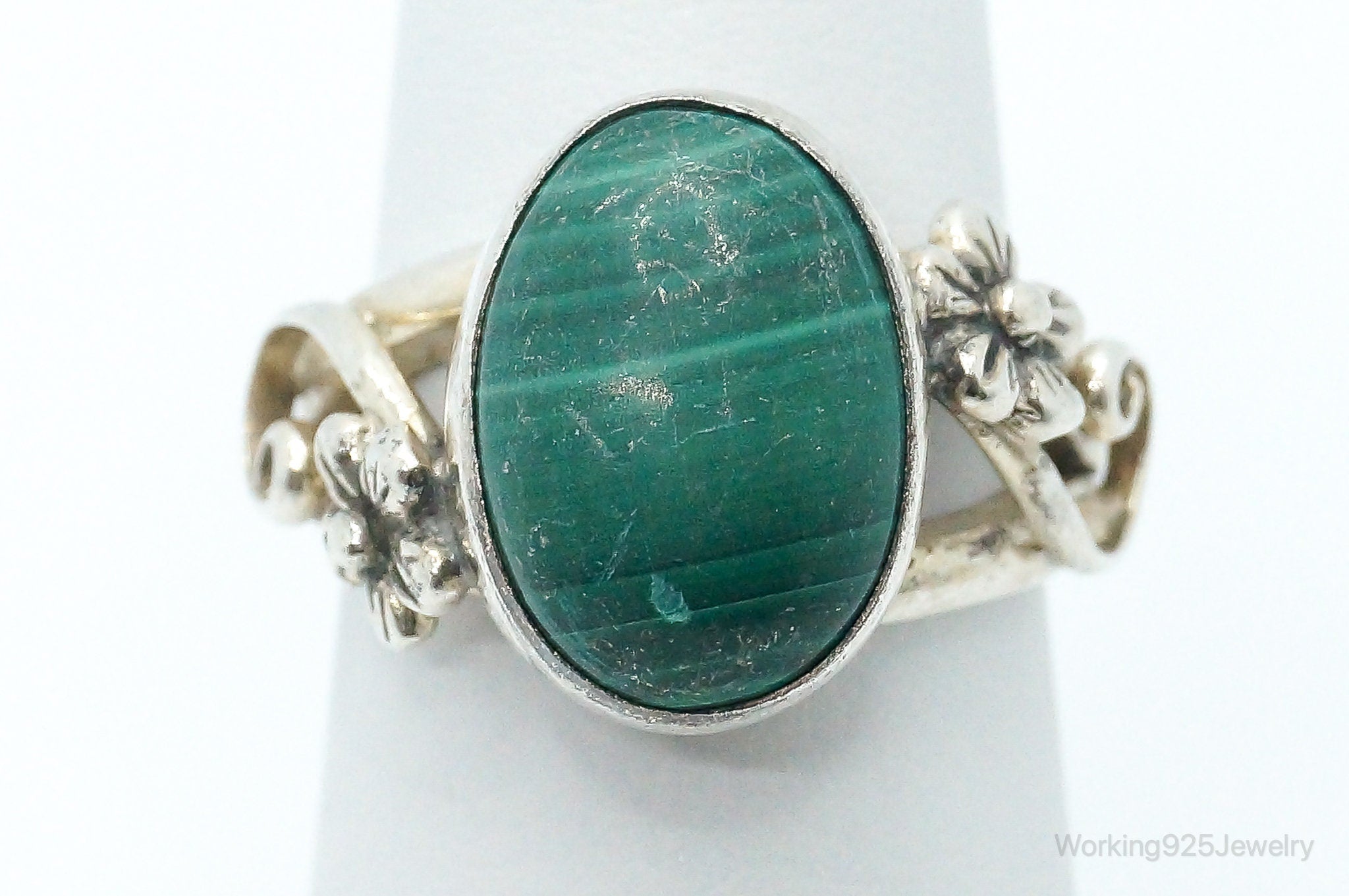 Vintage Anglo Carol Felley Malachite Sterling Silver Band Ring - Size 6