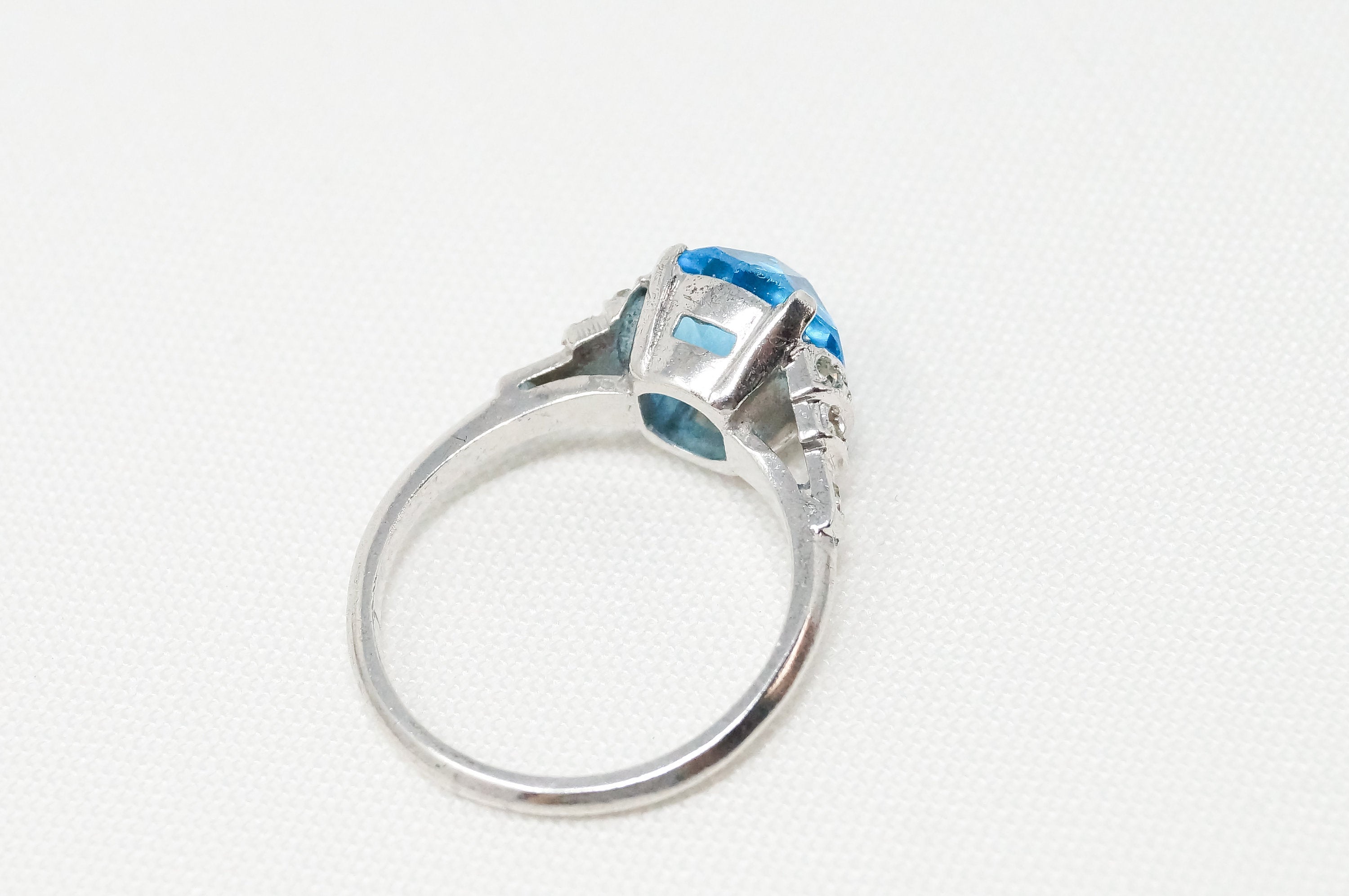 Antique Blue Topaz Cubic Zirconia Art Deco Sterling Silver Ring - Sz 5.75