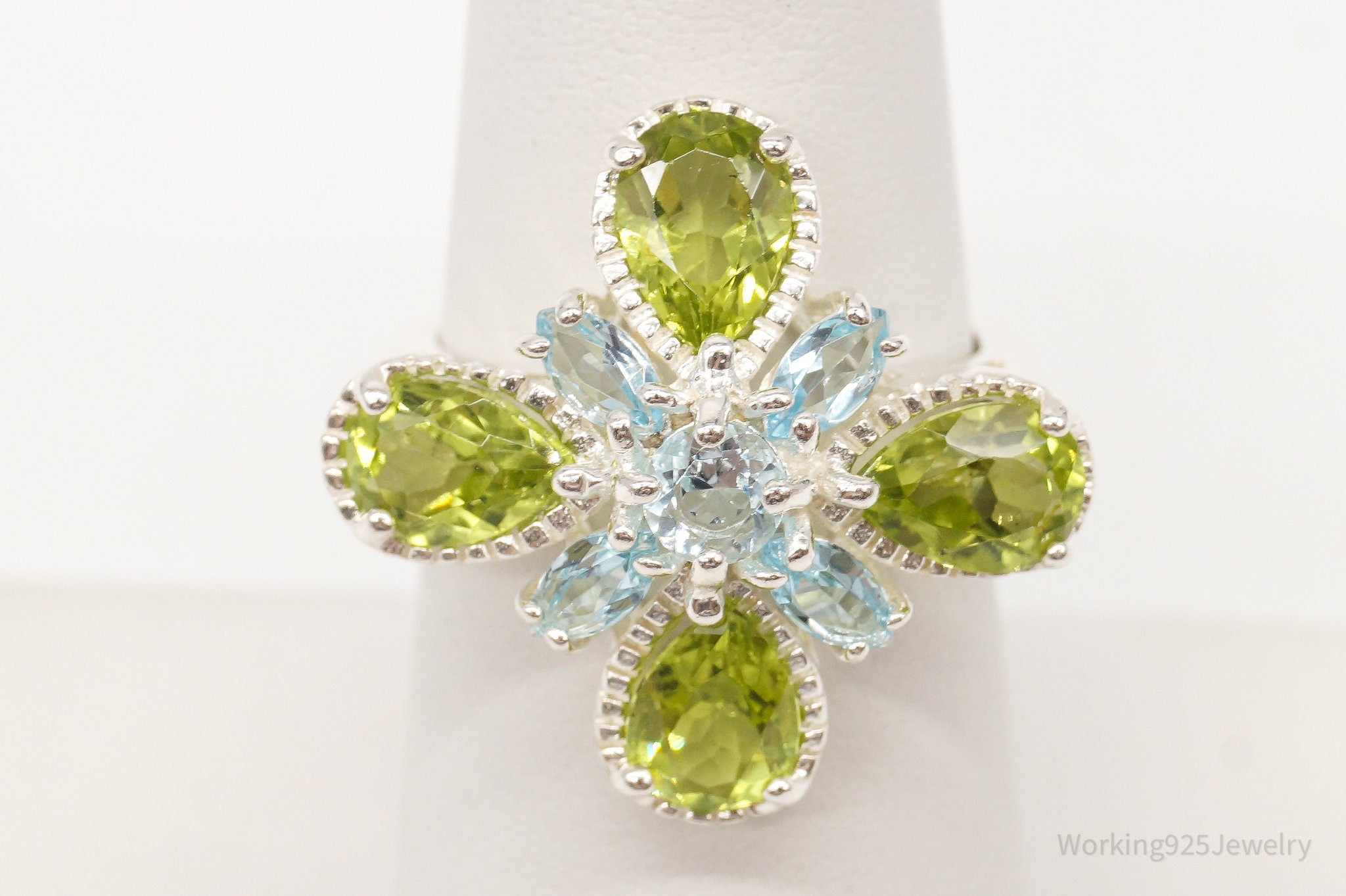 Vintage Designer Blue Topaz Peridot Flower Sterling Silver Ring - Size 6