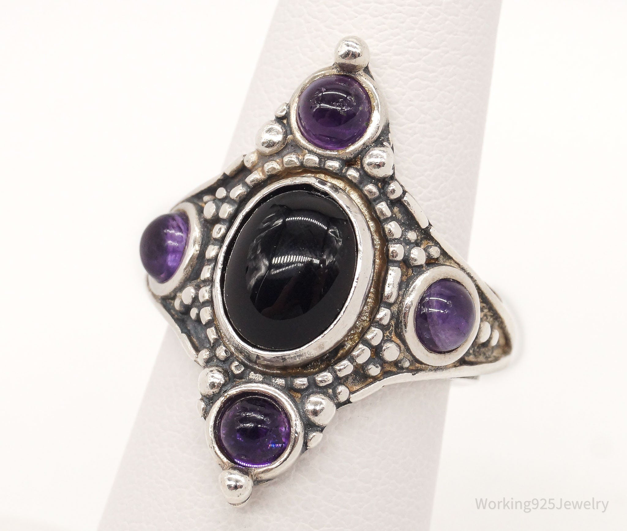 Vintage Amethyst Black Onyx Sterling Silver Ring - Size 6.25