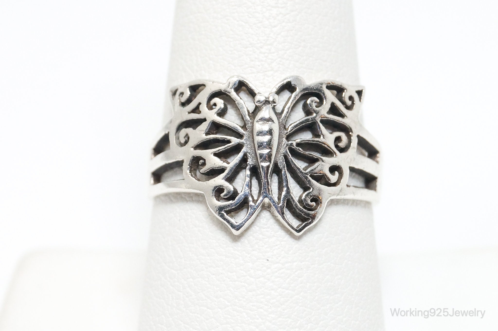 Vintage Butterfly Scroll Sterling Silver Ring - Size 8.75