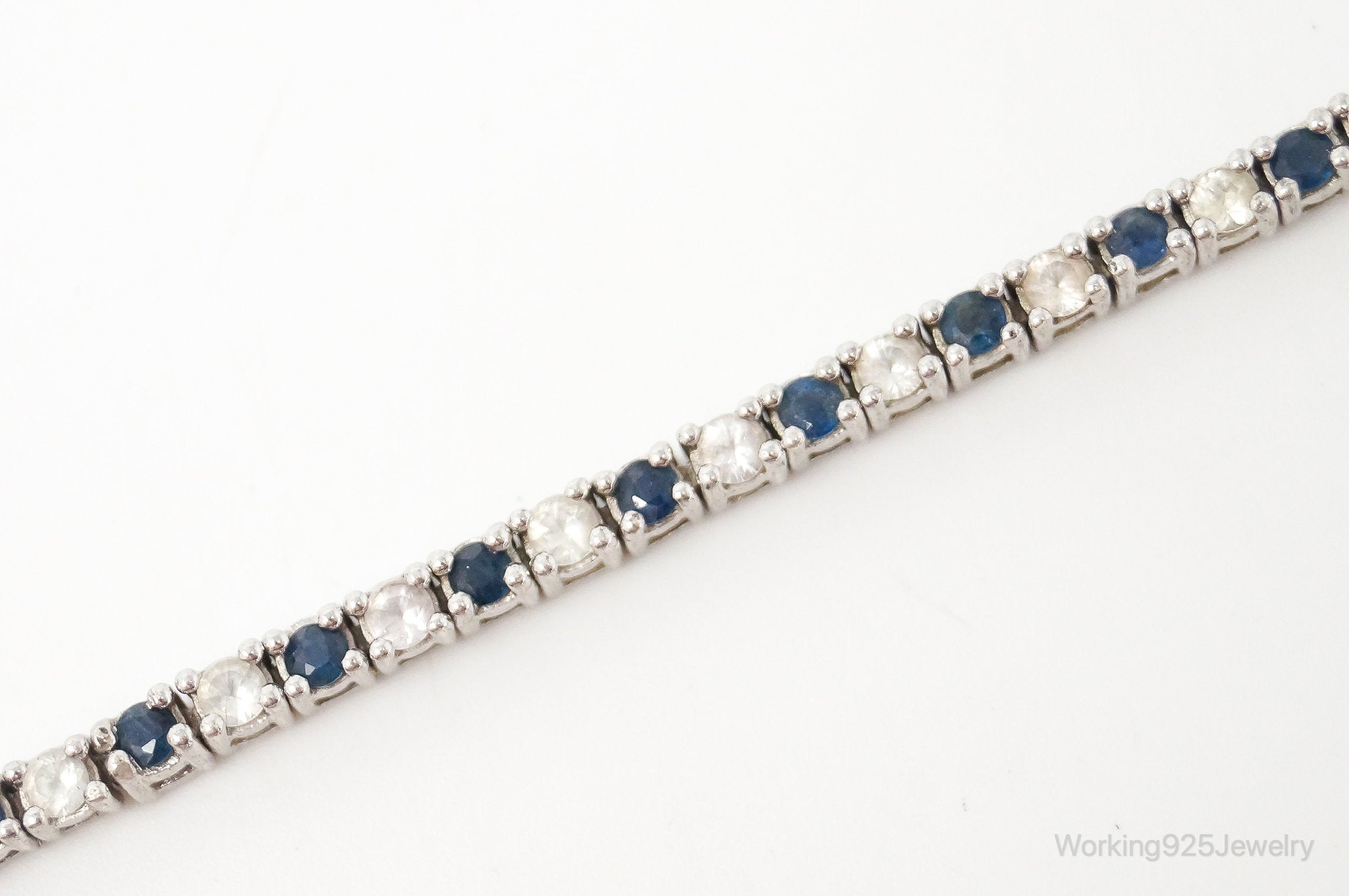 Vintage Art Deco Blue Sapphire Cubic Zirconia Sterling Silver Tennis Bracelet