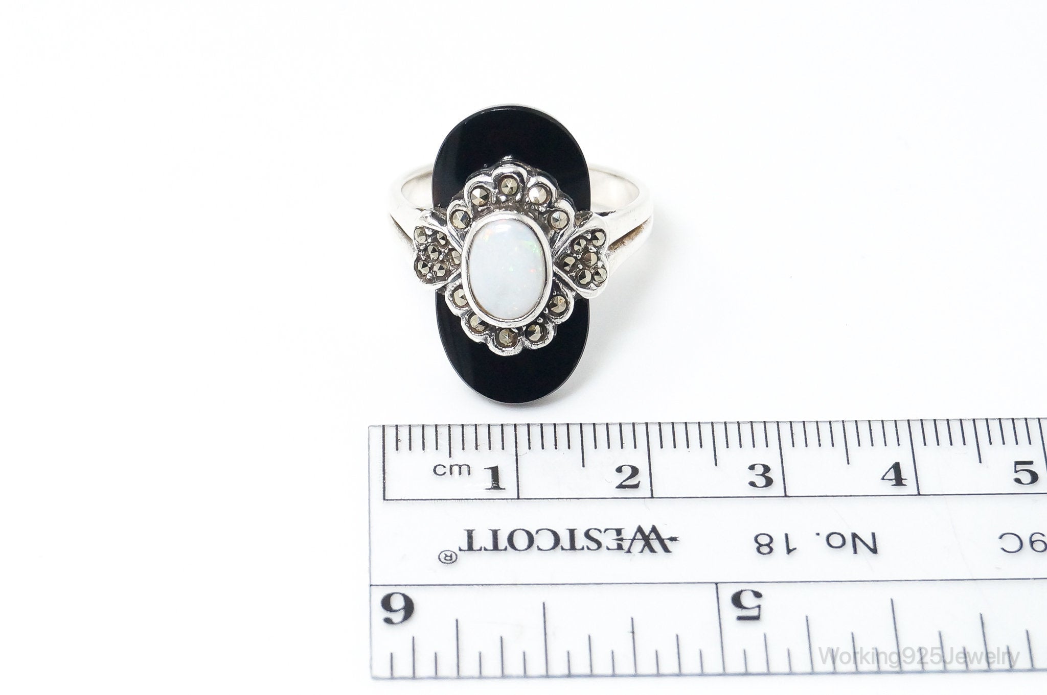 Designer Chapal-Zenray Opal Black Onyx Marcasite Sterling Silver Ring SZ 8