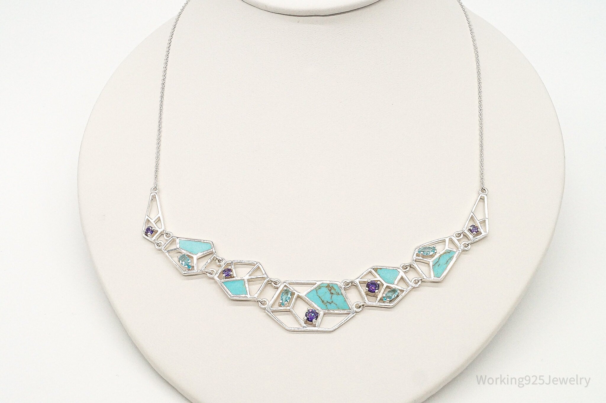 Amethyst Blue Topaz Turquoise Modernist Sterling Silver Necklace