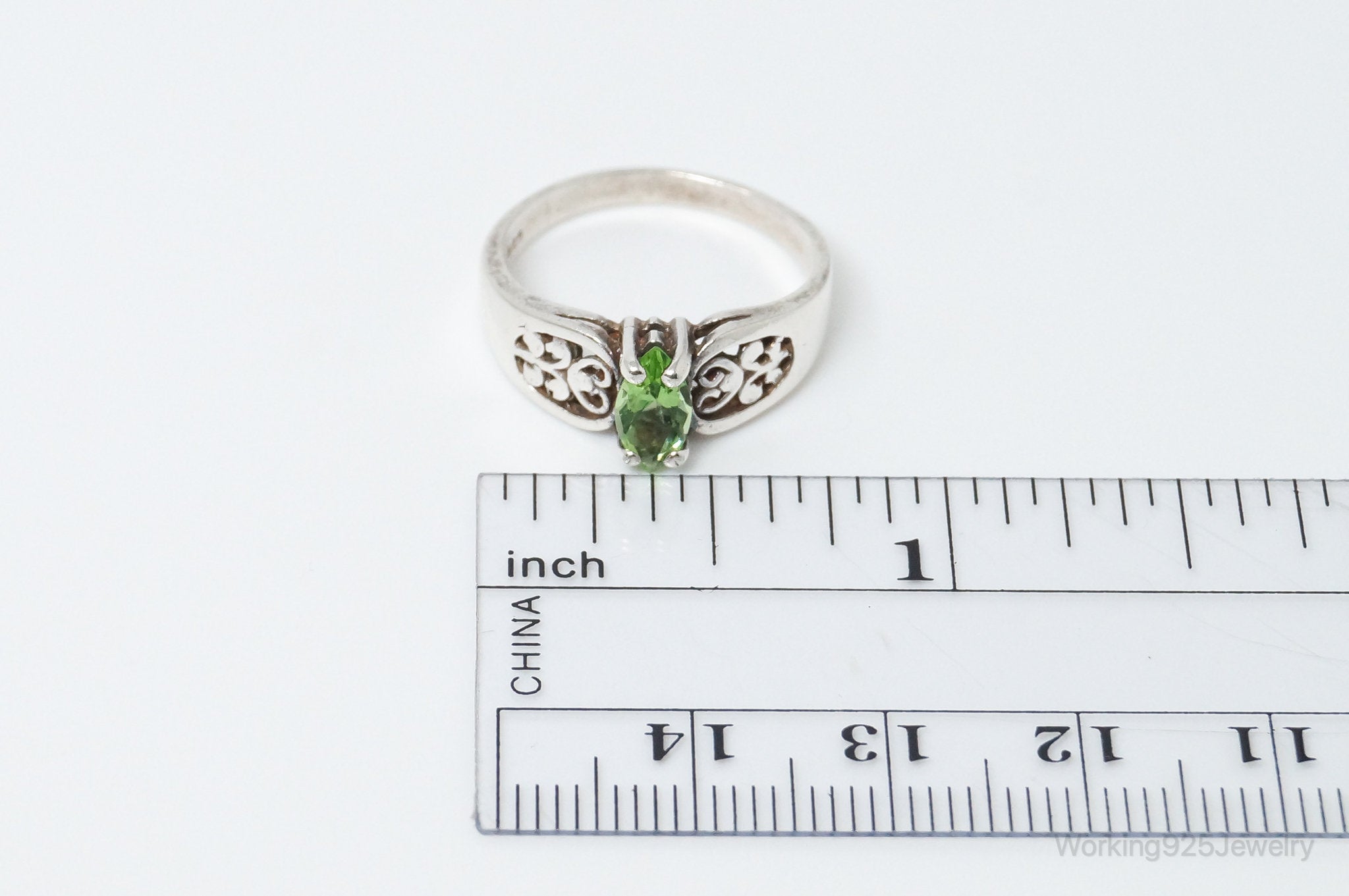 Vintage Green Topaz Heart Scroll Sterling Silver Ring - Size 6.75