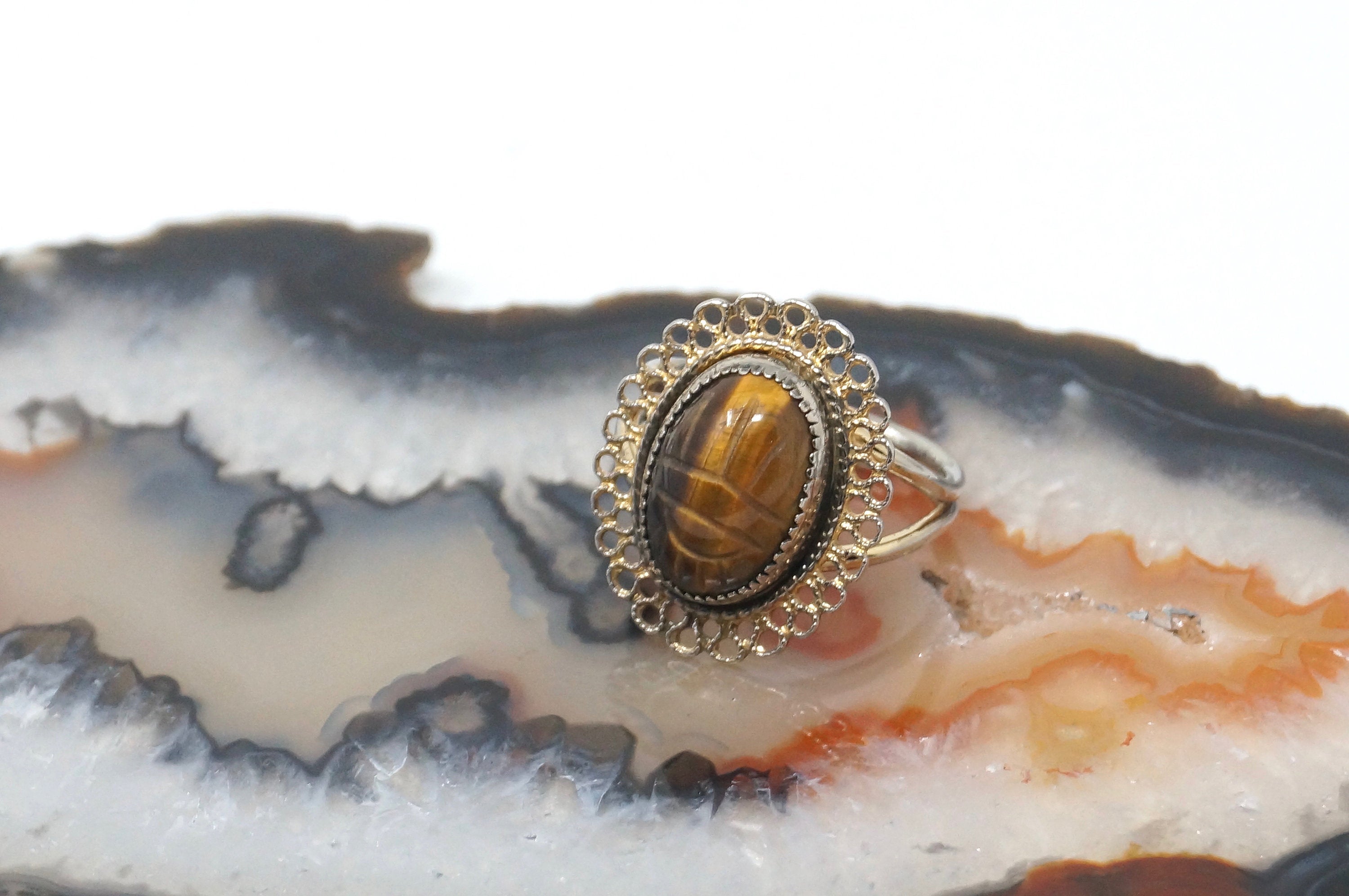 Rare BEAU Tigers EyeScarab Gold Vermeil Sterling Silver Adj. ring - Sz5.25