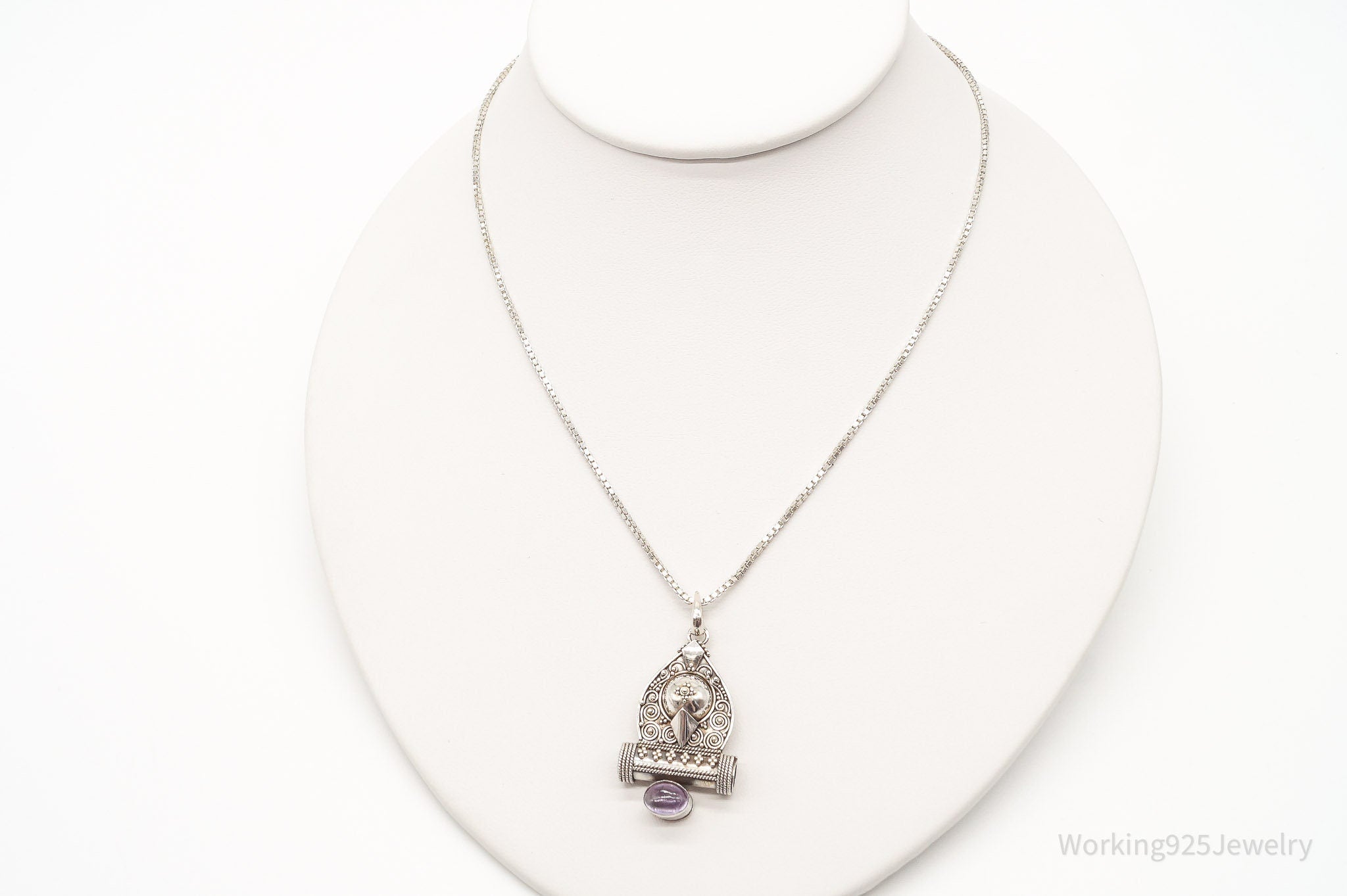 Vintage Amethyst Bali Style Filigree Sterling Silver Necklace