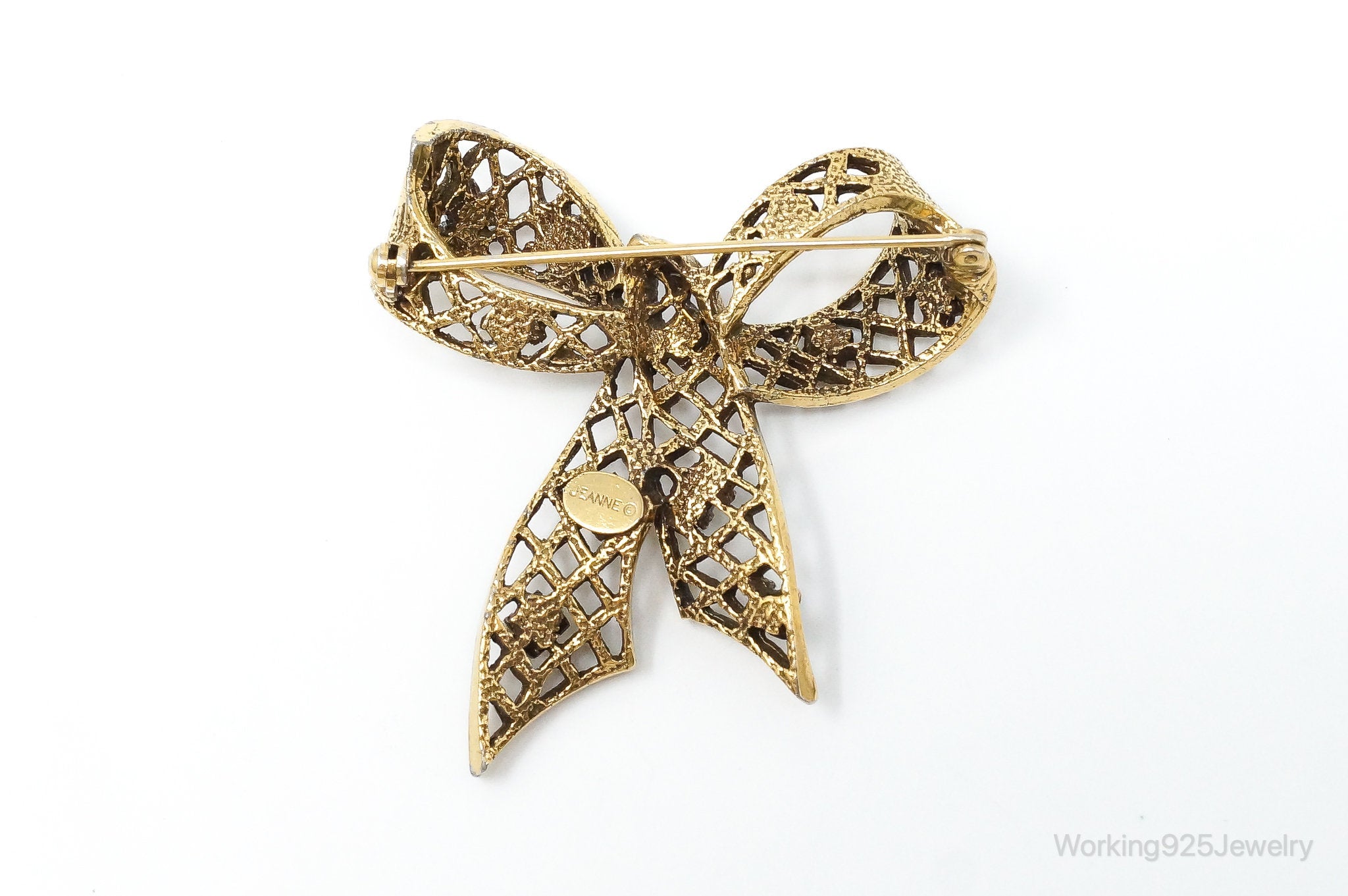 Large Vintage Designer Jeanne Gold Tone Rhinestone Box Brooch Pin