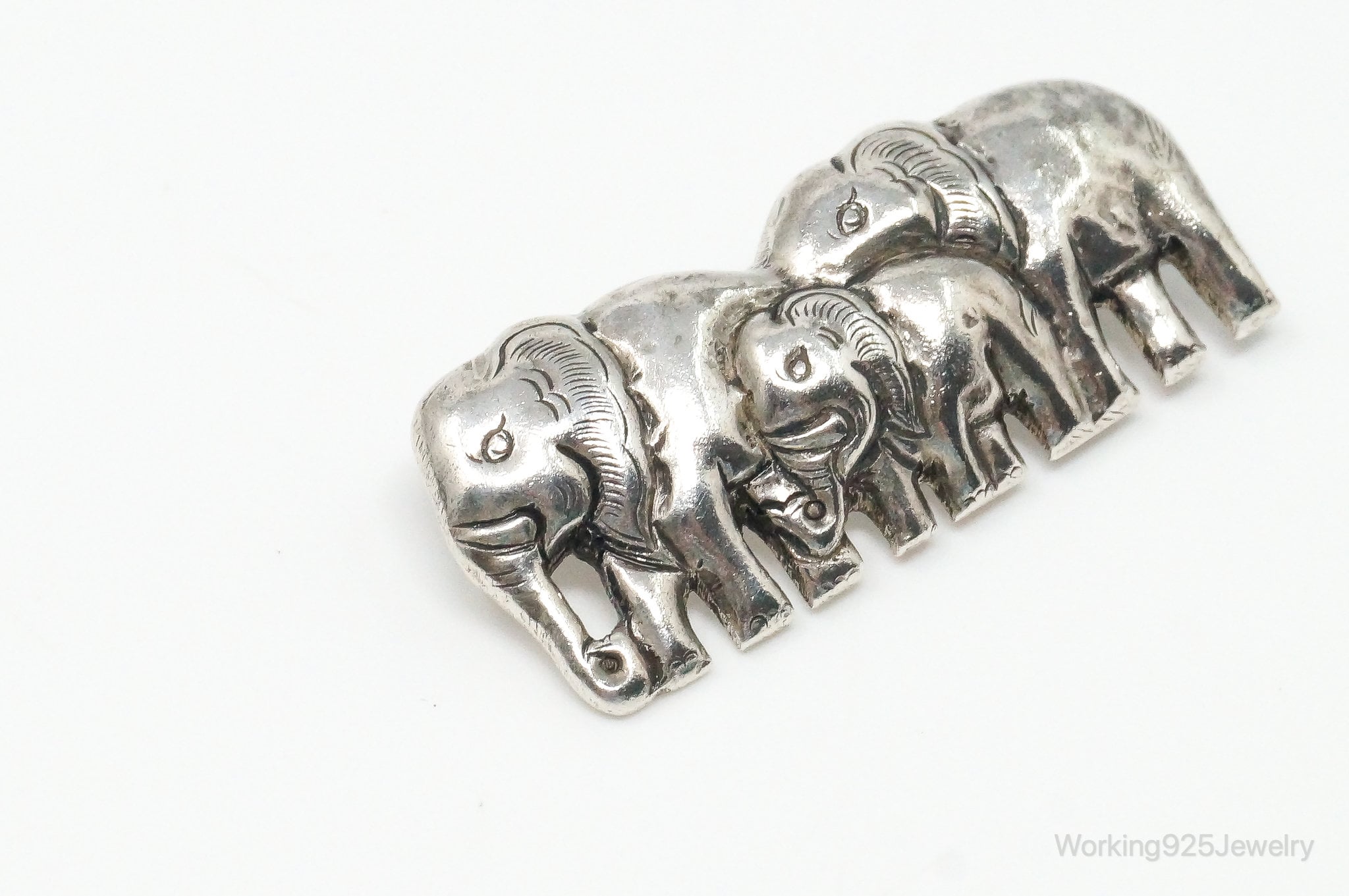 Vintage Elephant Family Sterling Silver Brooch Pin