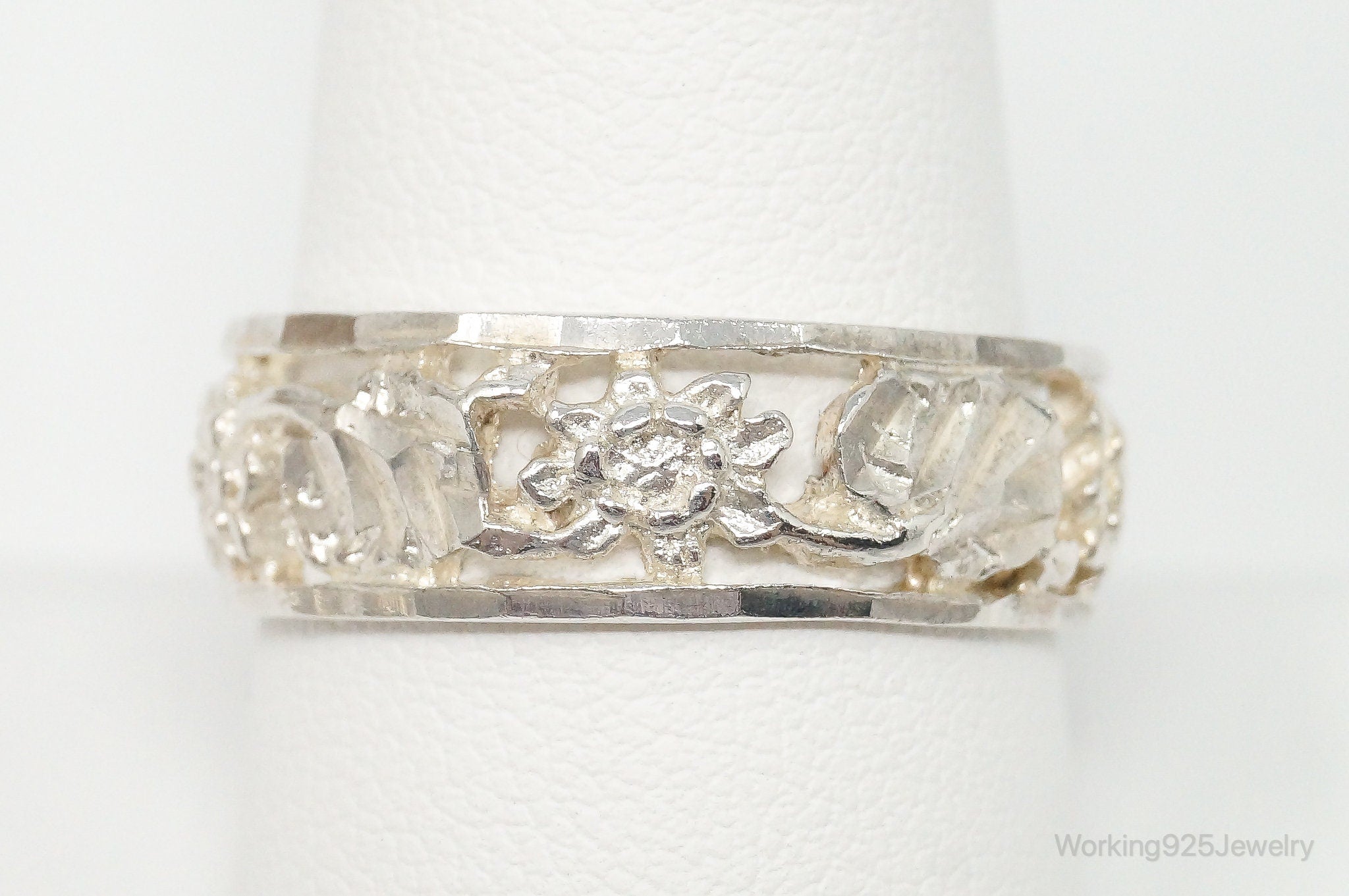 Vintage 1950s Flower Vines Cut Out Sterling Silver Band Ring - Size 10.25
