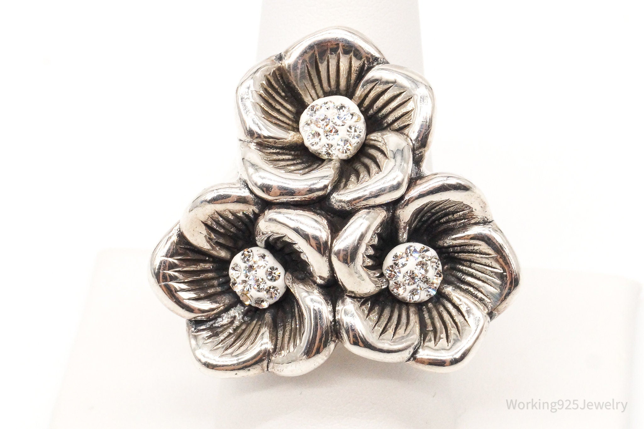 Vintage Crystal Flowers Sterling Silver Hollow Ring - Size 8