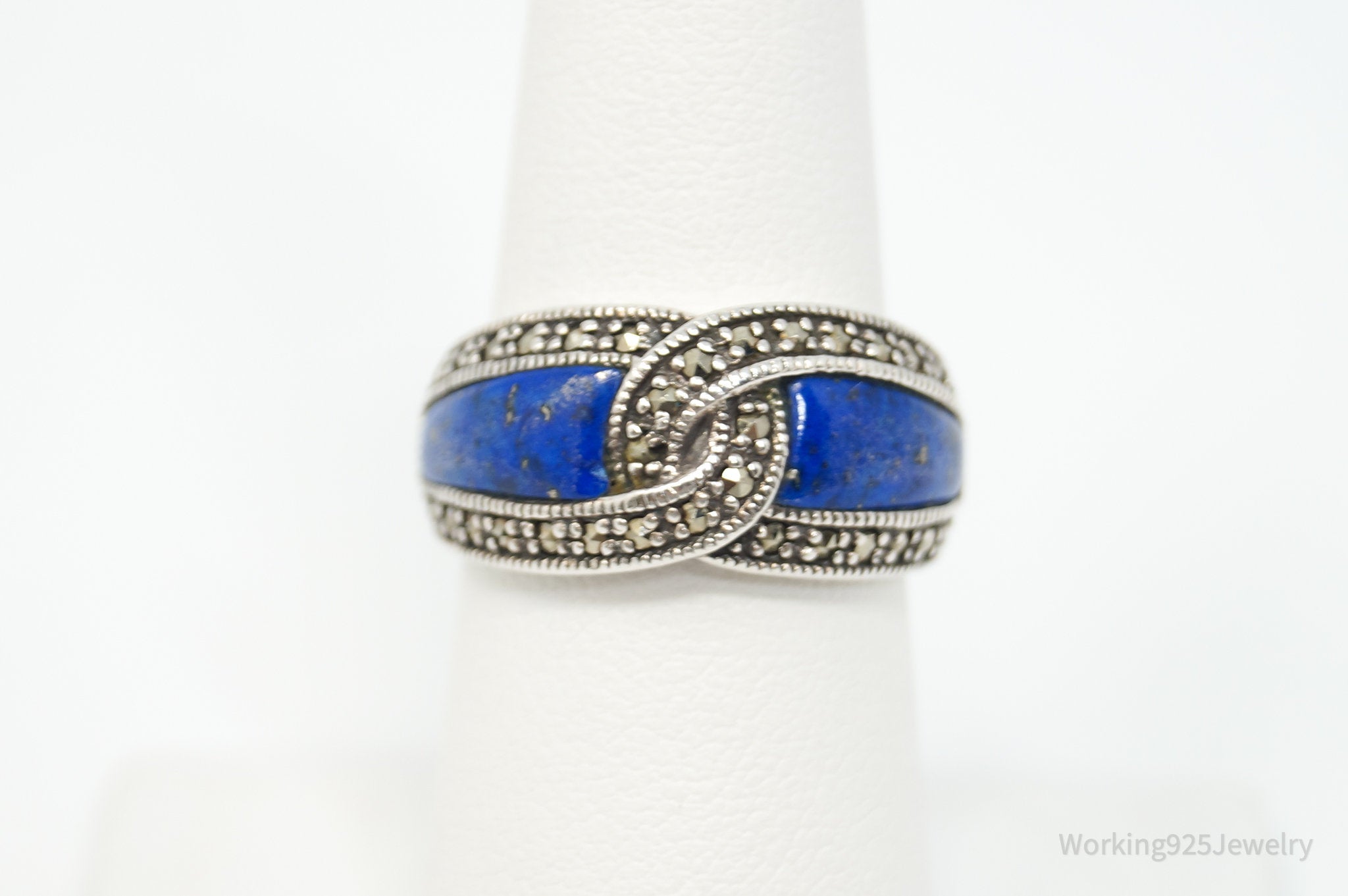 Vintage Designer CNA Lapis Lazuli Marcasite Sterling Silver Ring - Sz 7.25