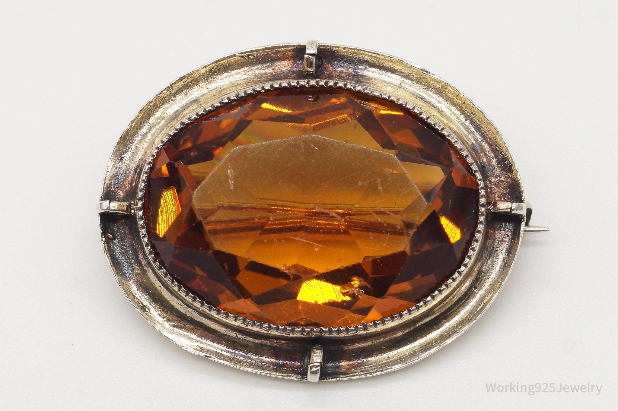 Antique Large Orange Glass Gold Tone Sterling Silver Brooch Pin