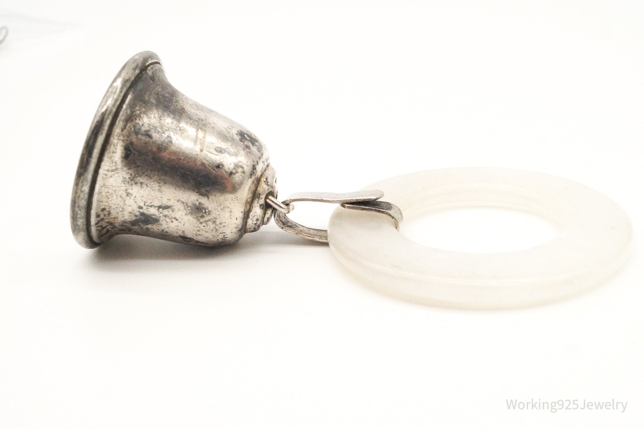 Large 1930s Lullaby Bell Lucite Sterling Silver Baby Rattle