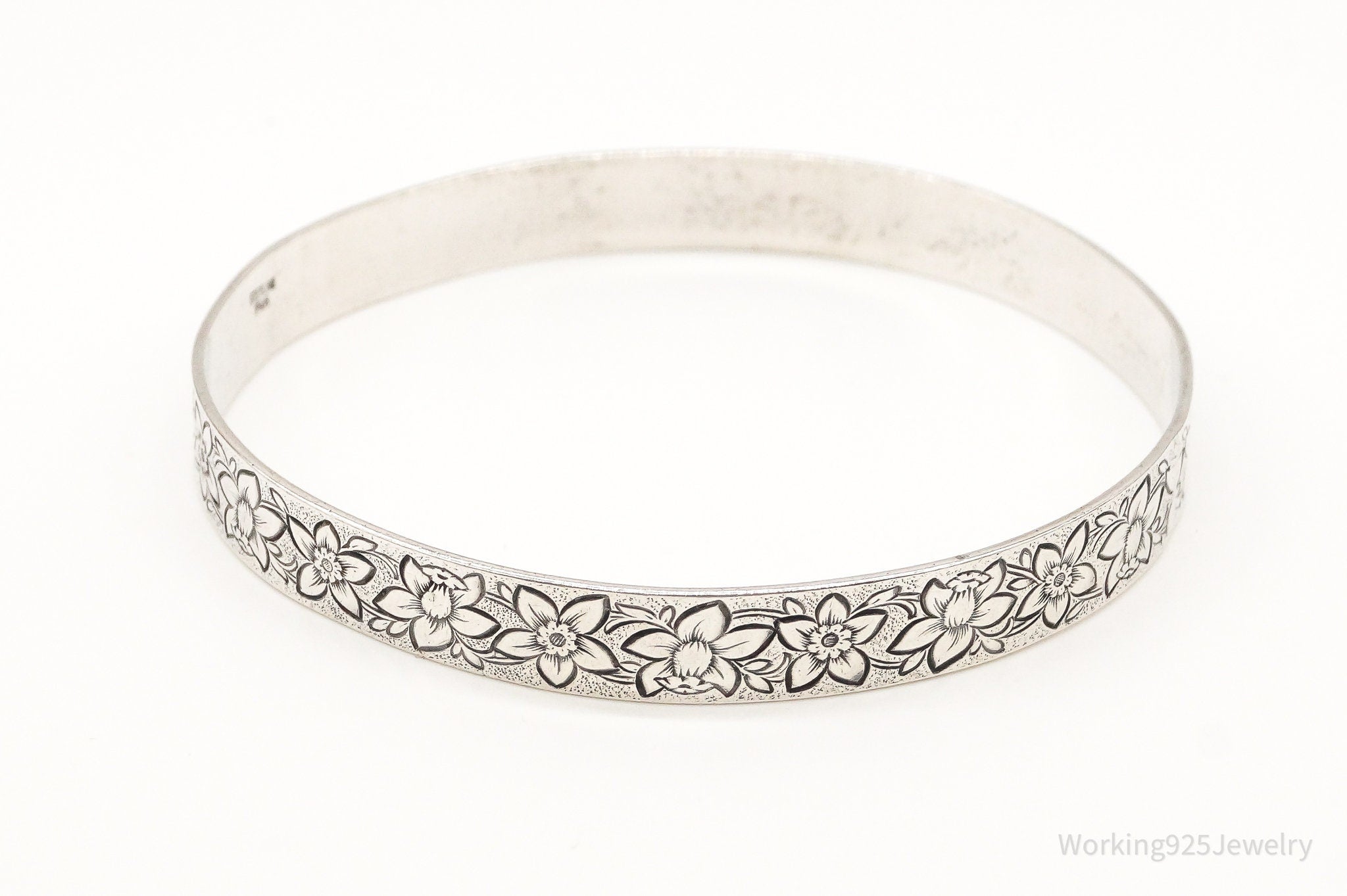 Antique Flowers Motif Sterling Silver Bangle Bracelet