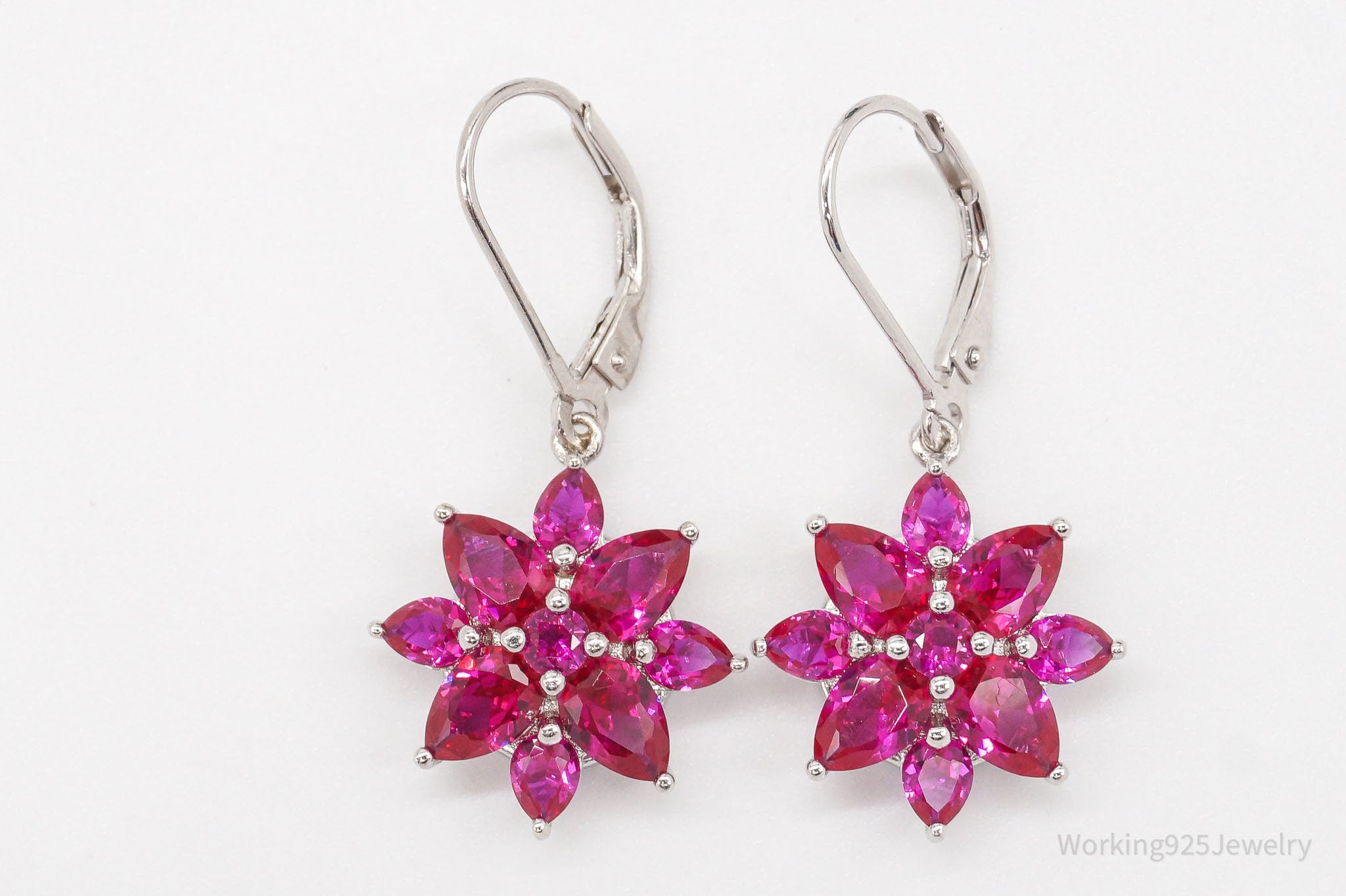 Designer BBJ Lab Ruby Rhodium Over Sterling Silver Flowers Earrings