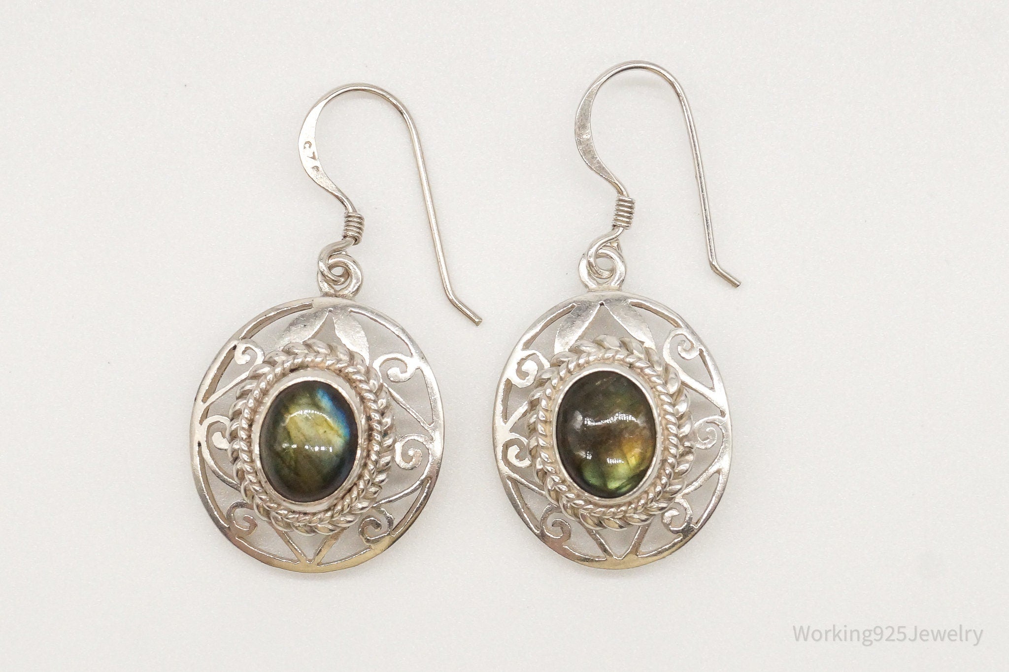 Vintage Labradorite Bali Inspired Filigree Openwork Sterling Silver Earrings