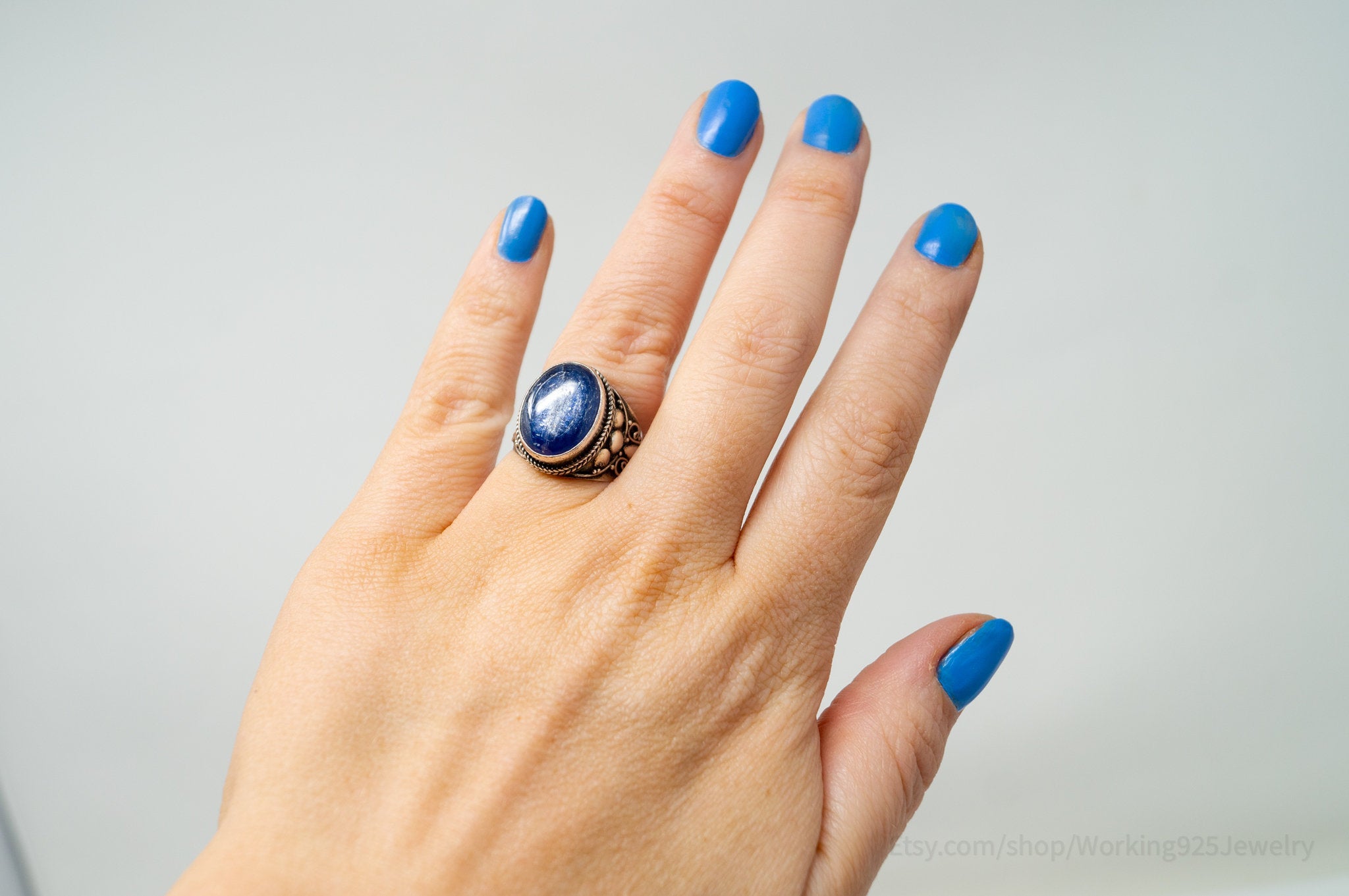 Vintage Bali Style Blue Glass Swirls Filigree Sterling Silver Band Ring - Size 8