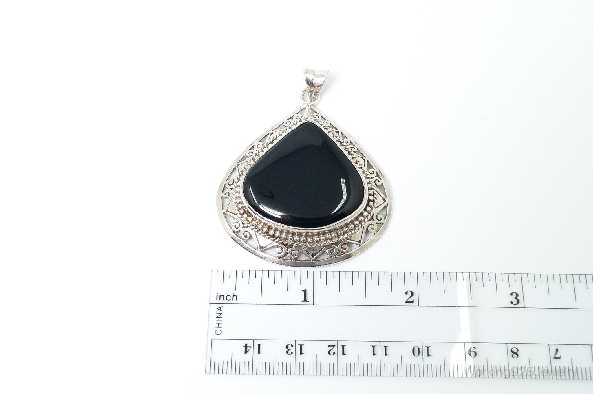 Large Vintage Black Onyx Bali Style Sterling Silver Necklace Pendant