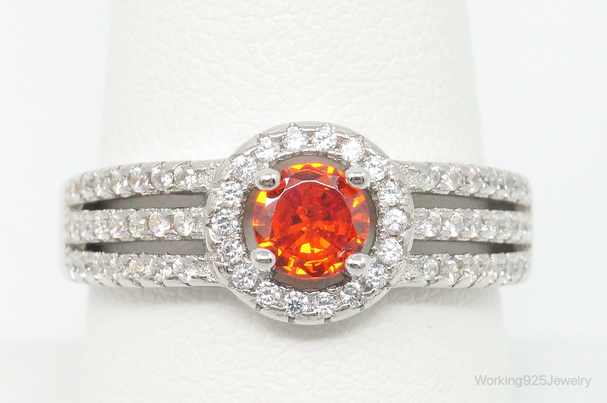 Orange & White Cubic Zirconia Sterling Silver Ring - Size 9