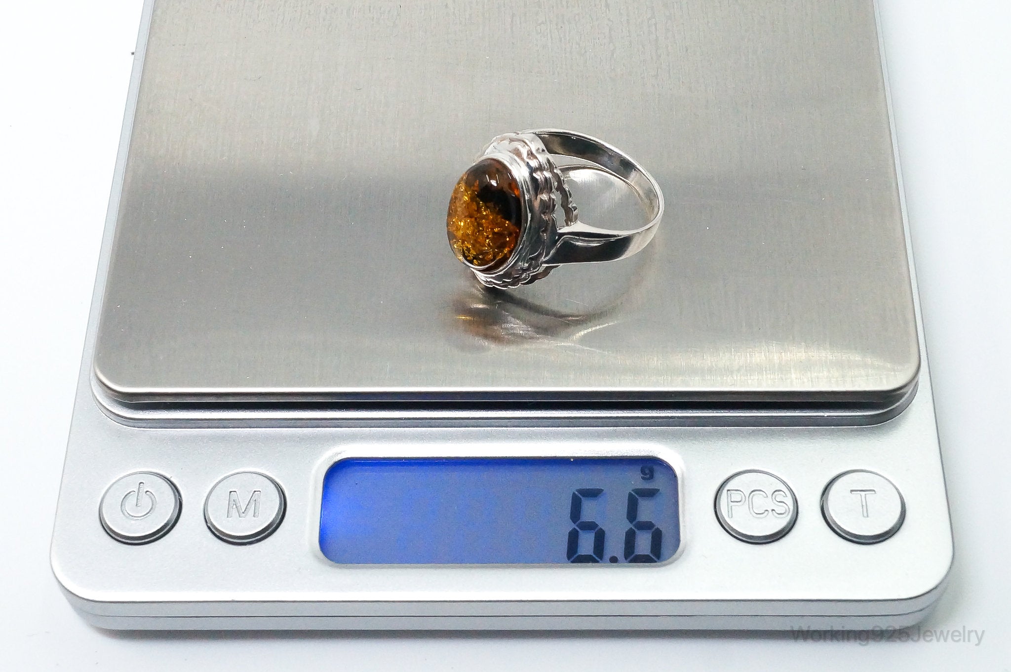 Vintage Amber Modern Sterling Silver Ring - Size 10