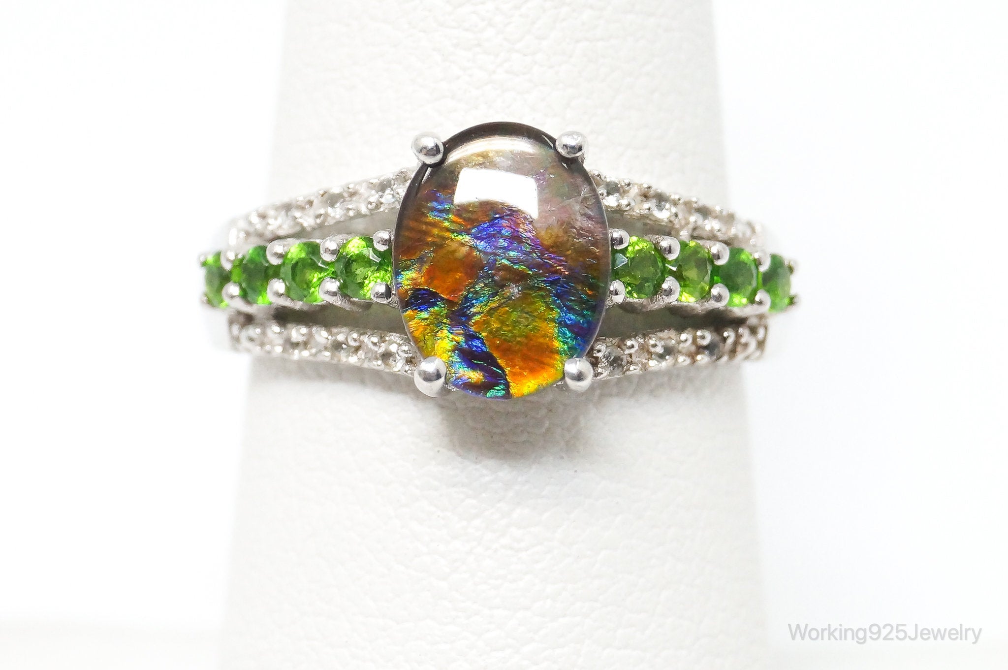 Opal Peridot Cubic Zirconia Sterling Silver Ring - SZ 7