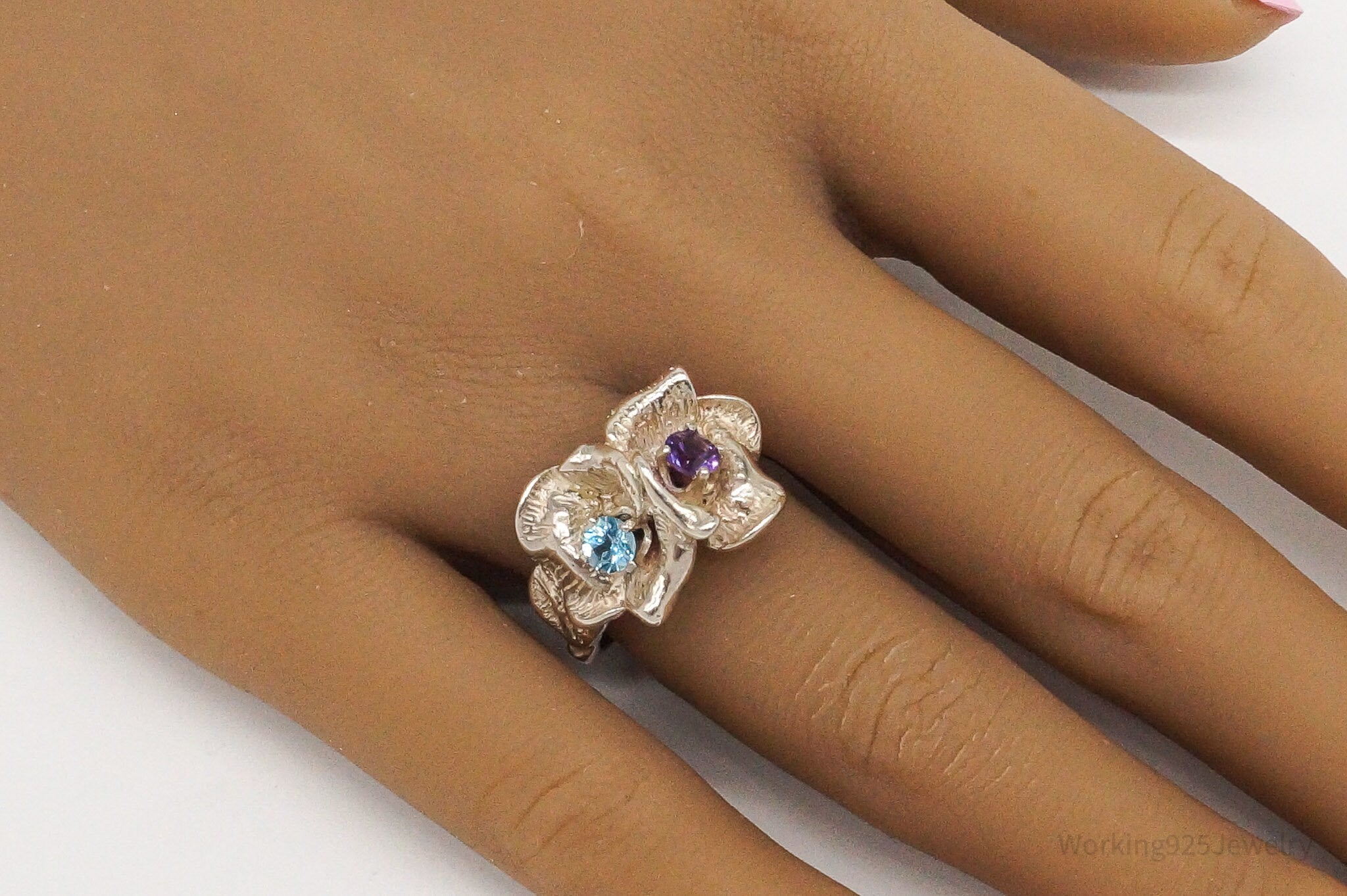 Vintage Blue Topaz Amethyst Silver Ring Size 7.25