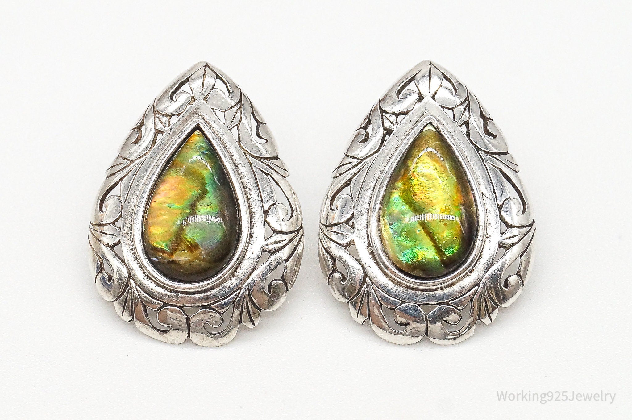 Large Vintage Abalone Paua Shell Sterling Silver Earrings