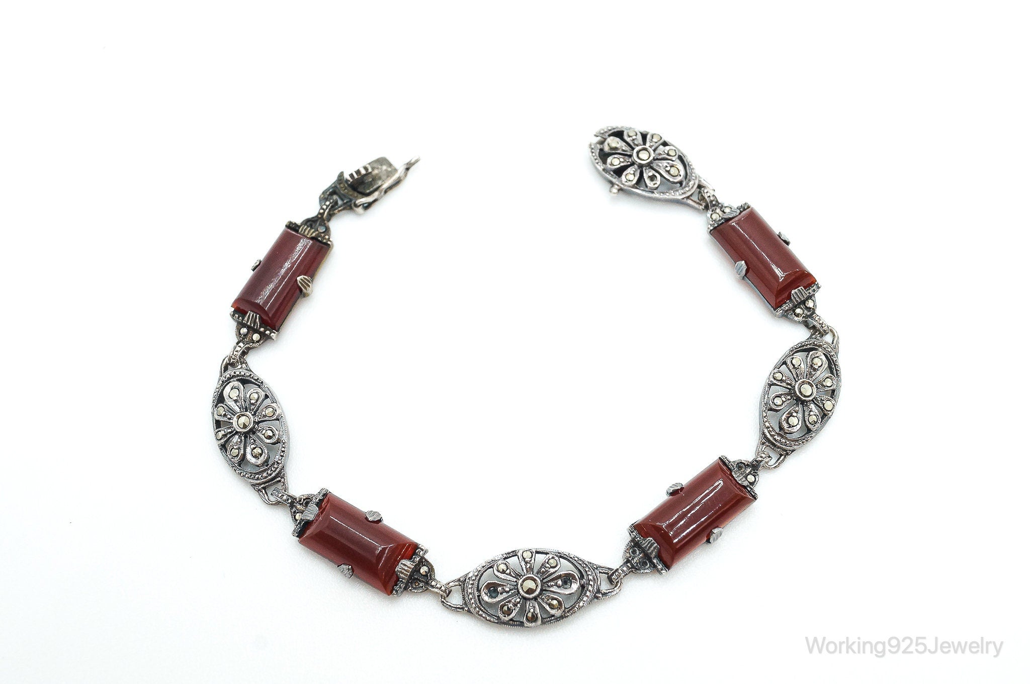 Antique Carnelian Marcasite Sterling Silver Bracelet