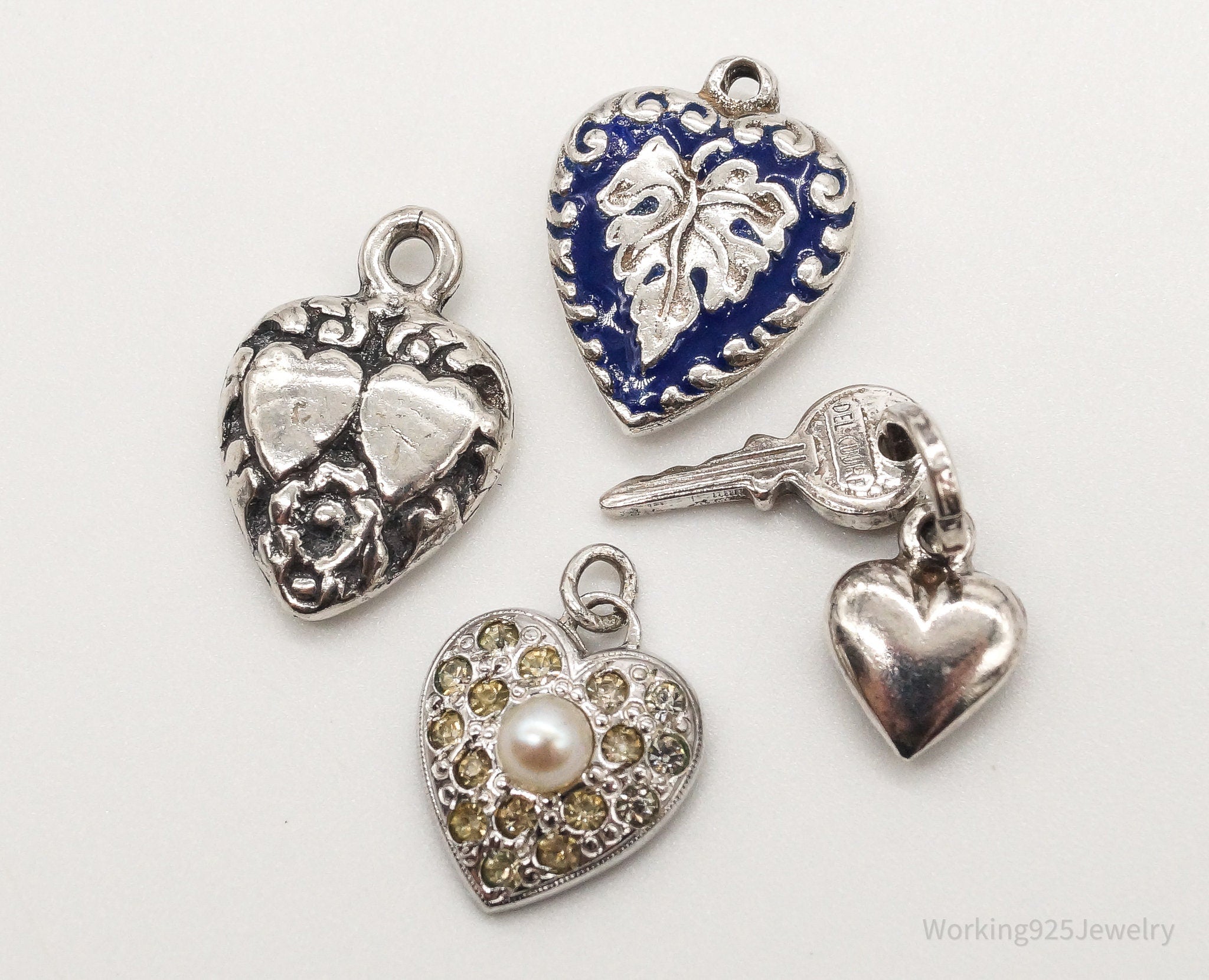 Antique Puffy Hearts Sterling Silver Bracelet Charms Set Lot