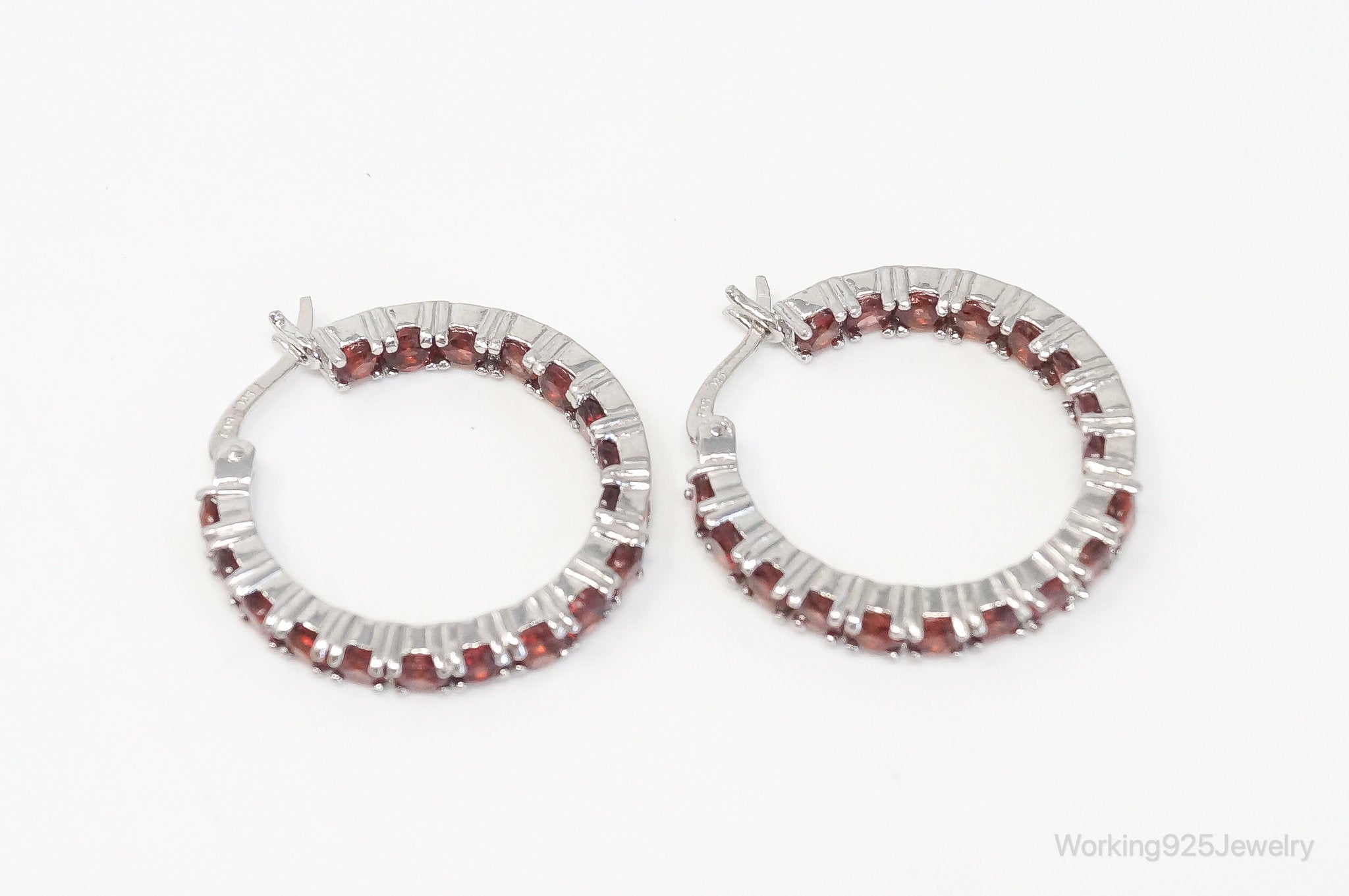 Vintage Garnet Sterling Silver Hoop Earrings