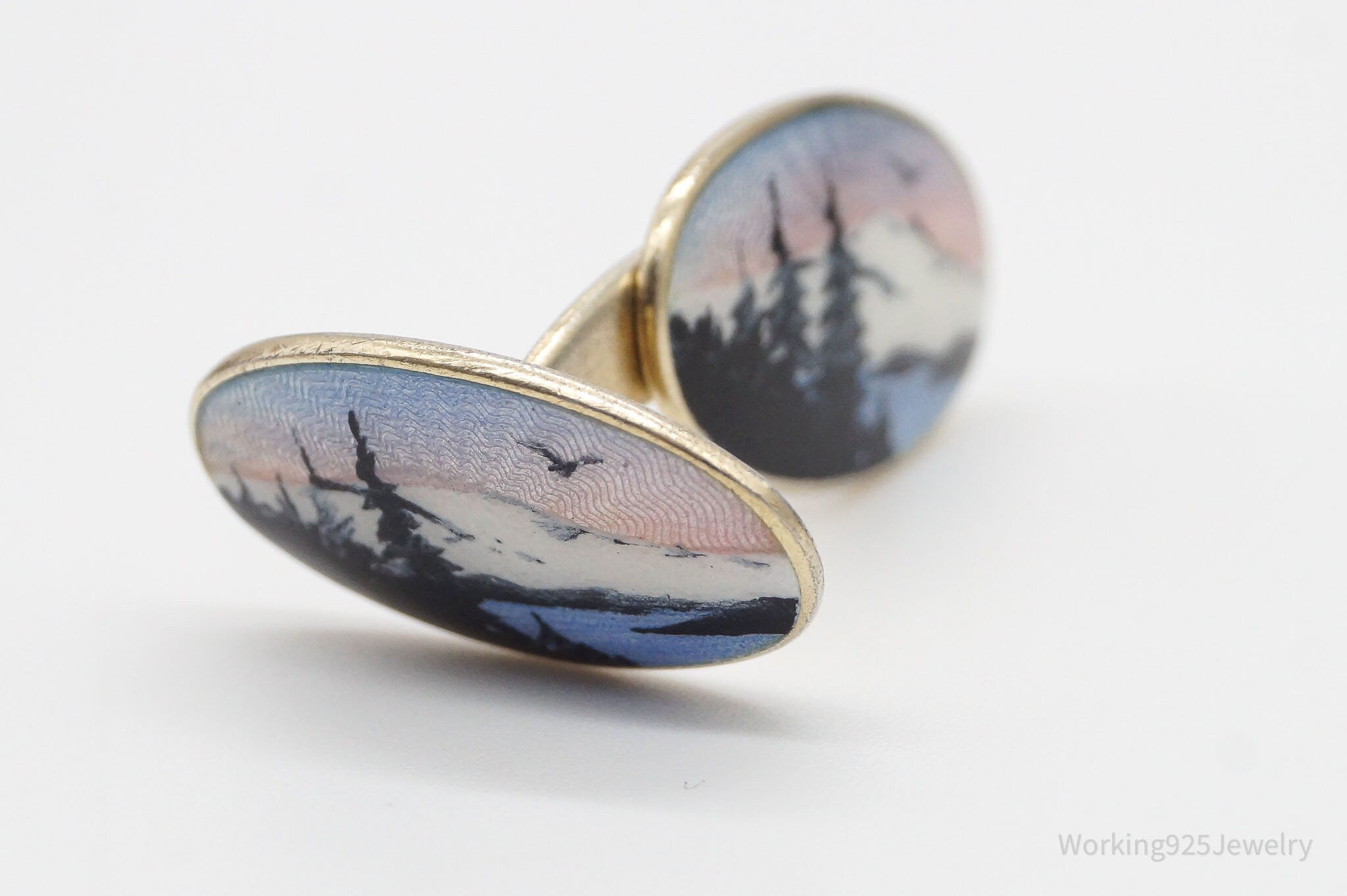 RARE Vintage Aksel Holmsen Enamel Mountain Gold Wash Sterling Silver Cufflinks