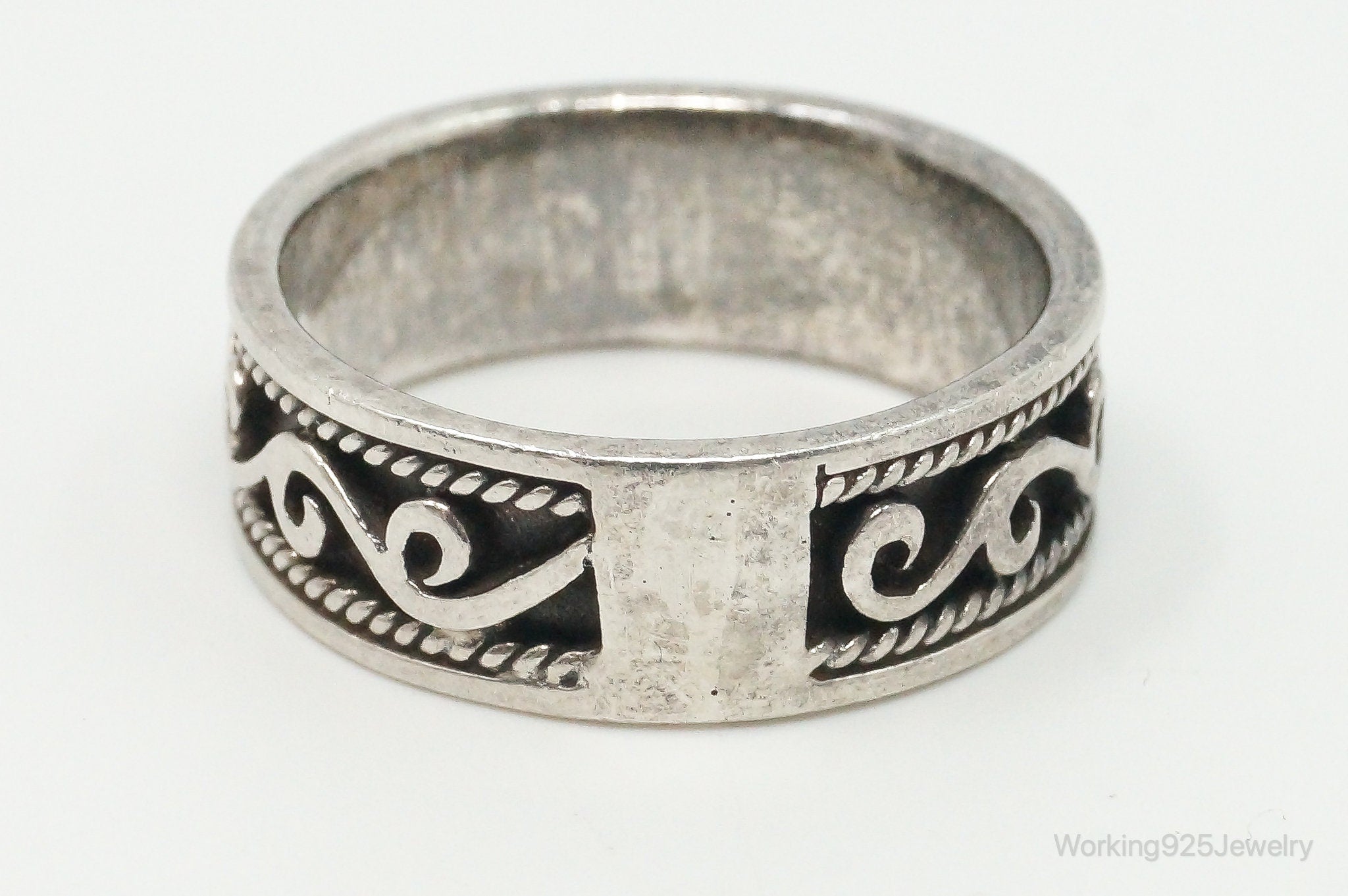 Vintage Bali Style Scroll Swirls Sterling Silver Band Ring - Size 8