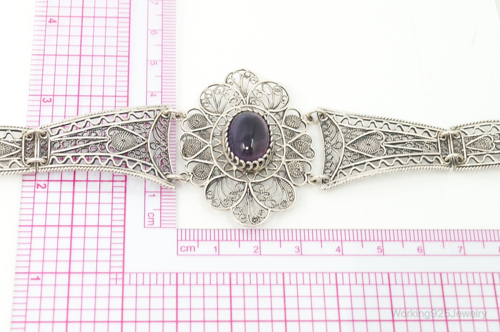 Vintage Amethyst Sterling Silver Intricate Filigree Bracelet