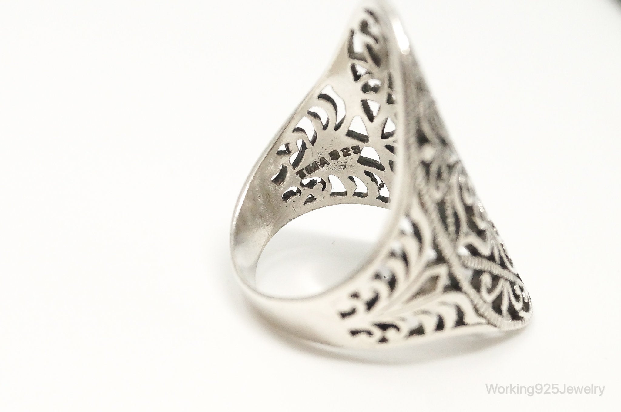 Vintage Long Scroll Swirls Filigree Sterling Silver Ring - Size 9.25